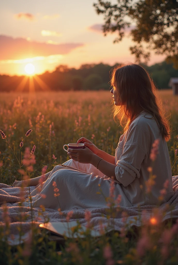 ((best quality)), ((masterpiece)), of beautiful countryside with a beautiful sun, and silhouette of a girl with wavy hair from behind, sitting on a picnic blanket and next to her, a picnic basket and some food and some drinks