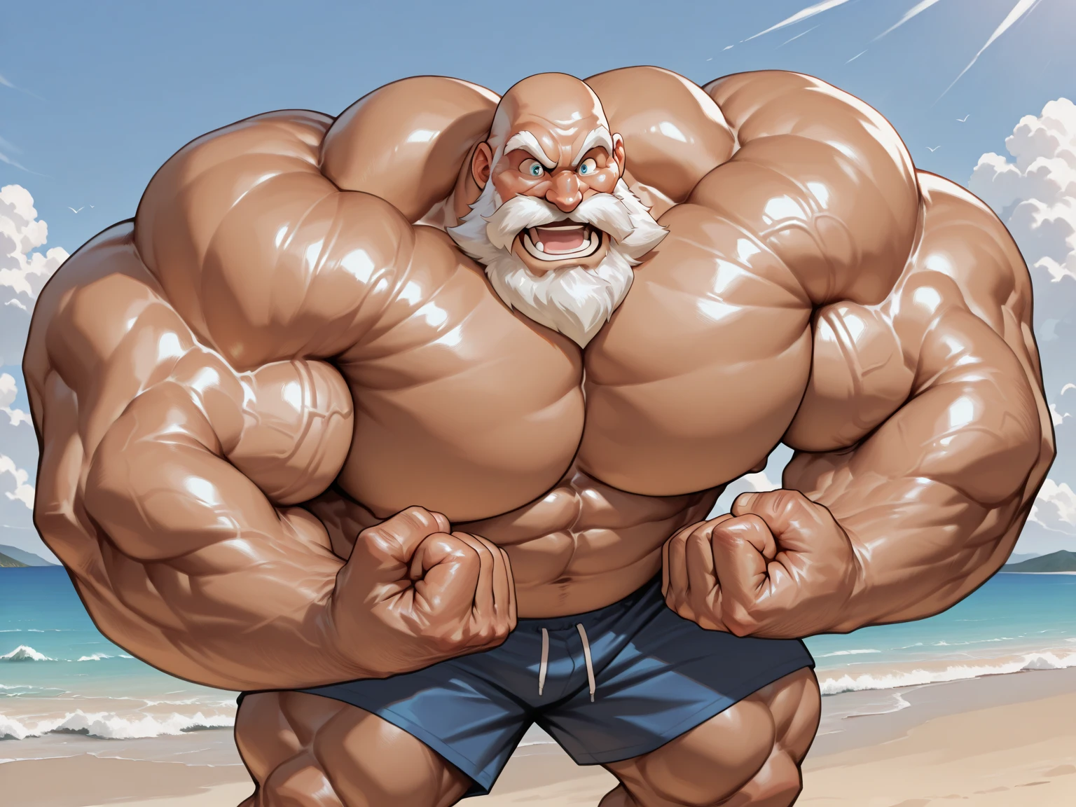 solo, 1boy, An old man with a huge muscular build and (short white hair) is relaxing in sunny beach. The scene is highly realistic, with the highest quality and attention to detail, creating a masterpiece. Detailed speedo, big underwear bulge