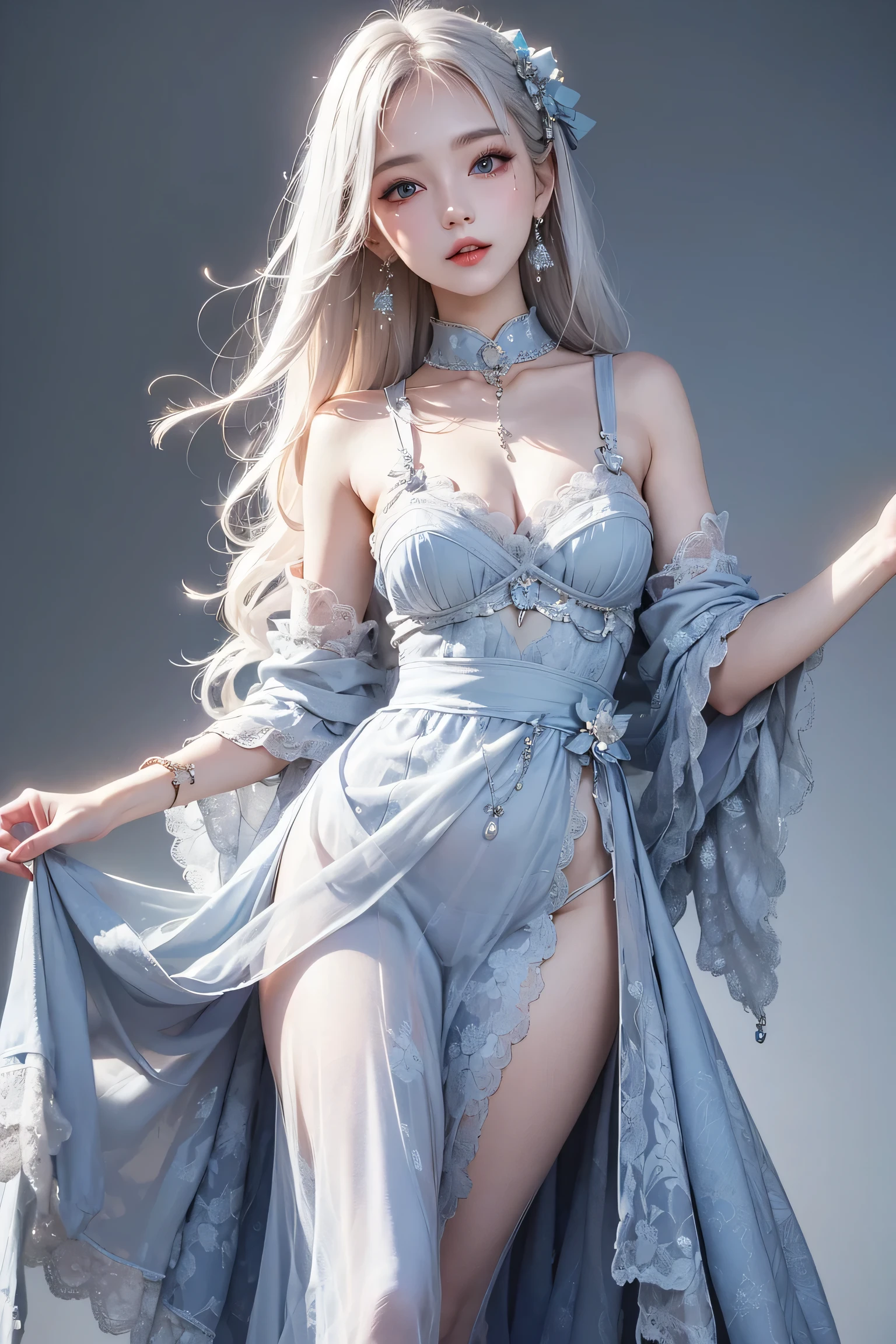 Sweet girl clothes4,strapless dress,jewelry, fashi-girl,red lips,mature female,makeup, liuyifei, realisticlying, A high resolution, ((a warm color palette)), ((Color saturation: 1.5)), softlighting, rich colours, a 1 woman, Alone, Just look at the audience, White hair, long whitr hair, Fine face, Glowing and radiant skin, Finger proportions are coordinated, dynamic angle, tmasterpiece, Best quality, ultra - detailed, Extremely Delicately Beautiful, A plump chest, slim toned body, slender leg, Hefty Smile, exteriors, eventide, Seafront, with blue sky and white clouds, Walking on the border between the beach and the sea, Get wet all over your body