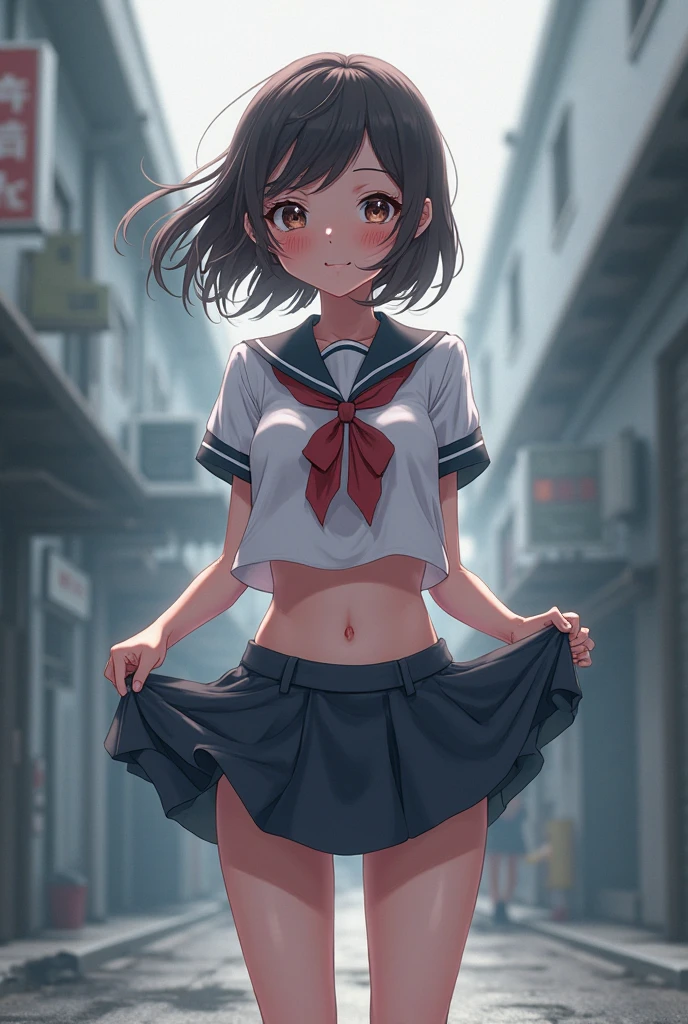(masterpiece, best quality, highres, super detail illustration), nsfw, (surprised face), perfect pussy, school uniform, sweat, standing, (strong wind is blowing, cute face), close eyes, small beats, (a vibrator in pantie), pussy juice