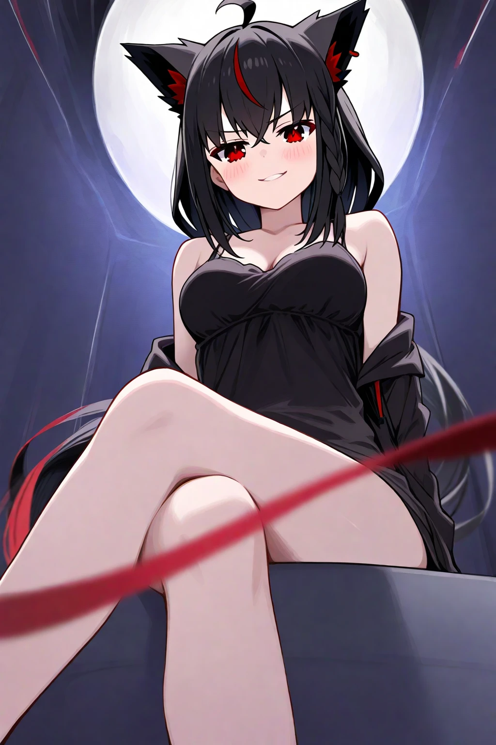 (masterpiece, best quality), 1girl, 16yo, realistic, black dress, red tie, goth, sitting, sprad legs, (red panties), vibrant colors, abstract background, lines geometric, night, dark theme, high contrast, deep shadows