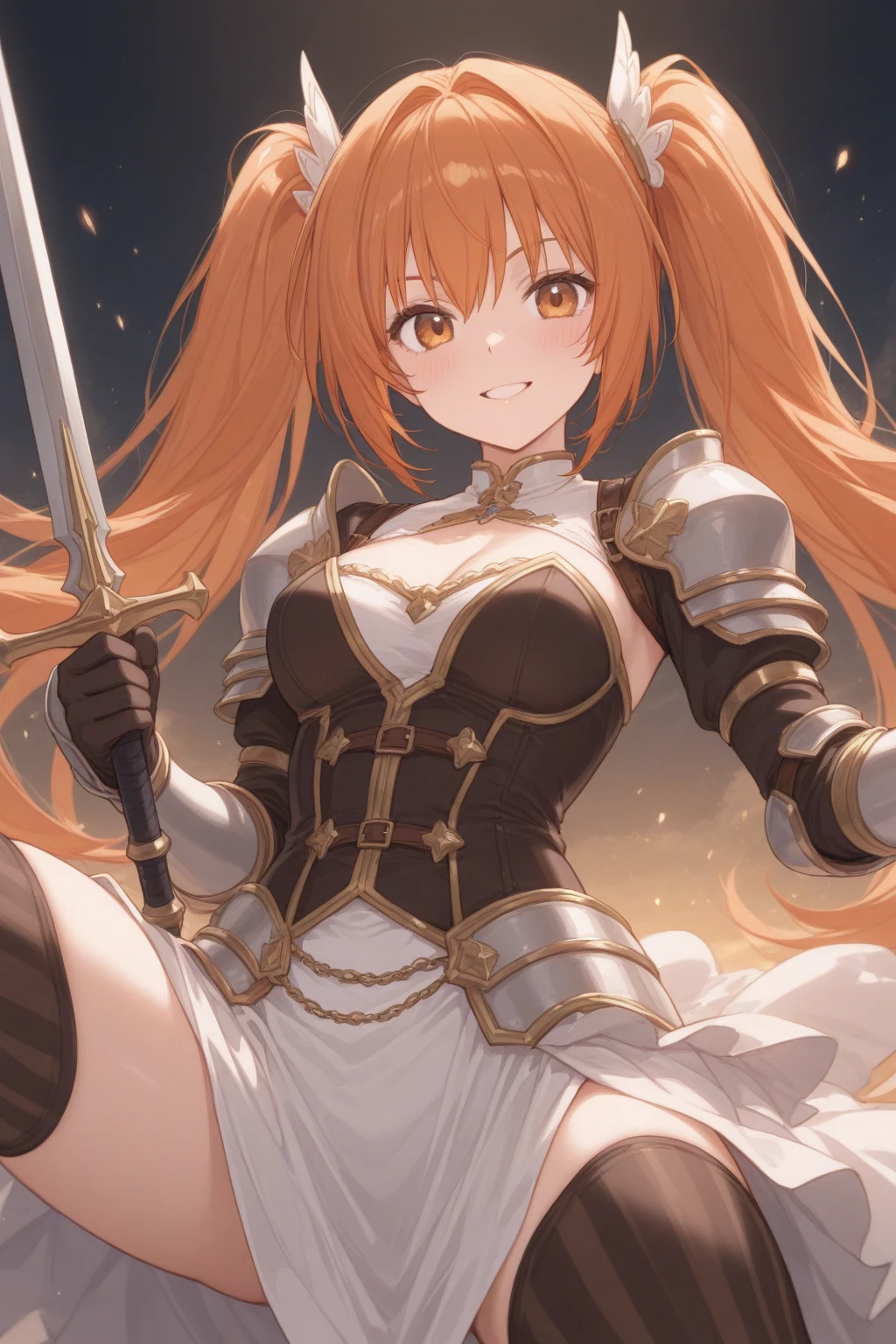 (Highest quality, 8k, 32K, masterpiece, Ultra-high resolution,:1.2),to be born, One Girl,So cute , 夜の電子世界のようなFantasy背景, clear, Shining Eyes, Age 25 ,Fair skin, Orange Girl, Long Hair, An innocent smile, Has a big sword, female knight, Fantasy, Big Breasts, Big Breasts, ponytail, Long Hair