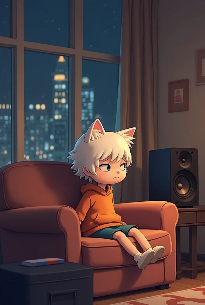 Back，男孩子的Back，长猫耳朵和猫尾巴的男孩子的Back，White short hair，White fur cat tail waving，在看电视的男孩的Back，Home Clothing，Home environment，Warmth