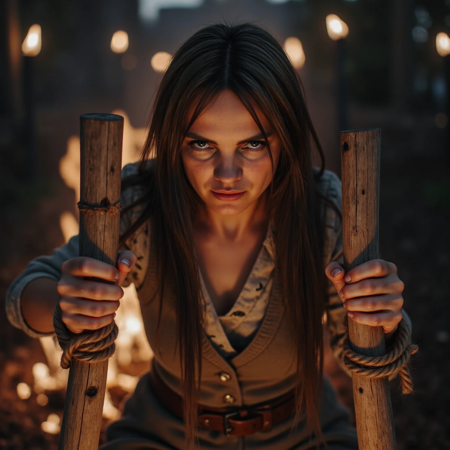 Beautiful woman who fought to exhaustion was holding a blood-stained katana and propped up, kneeling in a ruined room full of firelight, with an unyielding expression on her face, covered in blood, realistic fantasy rendering, ultra-realistic 8k octane photos, cool colors, realism.
