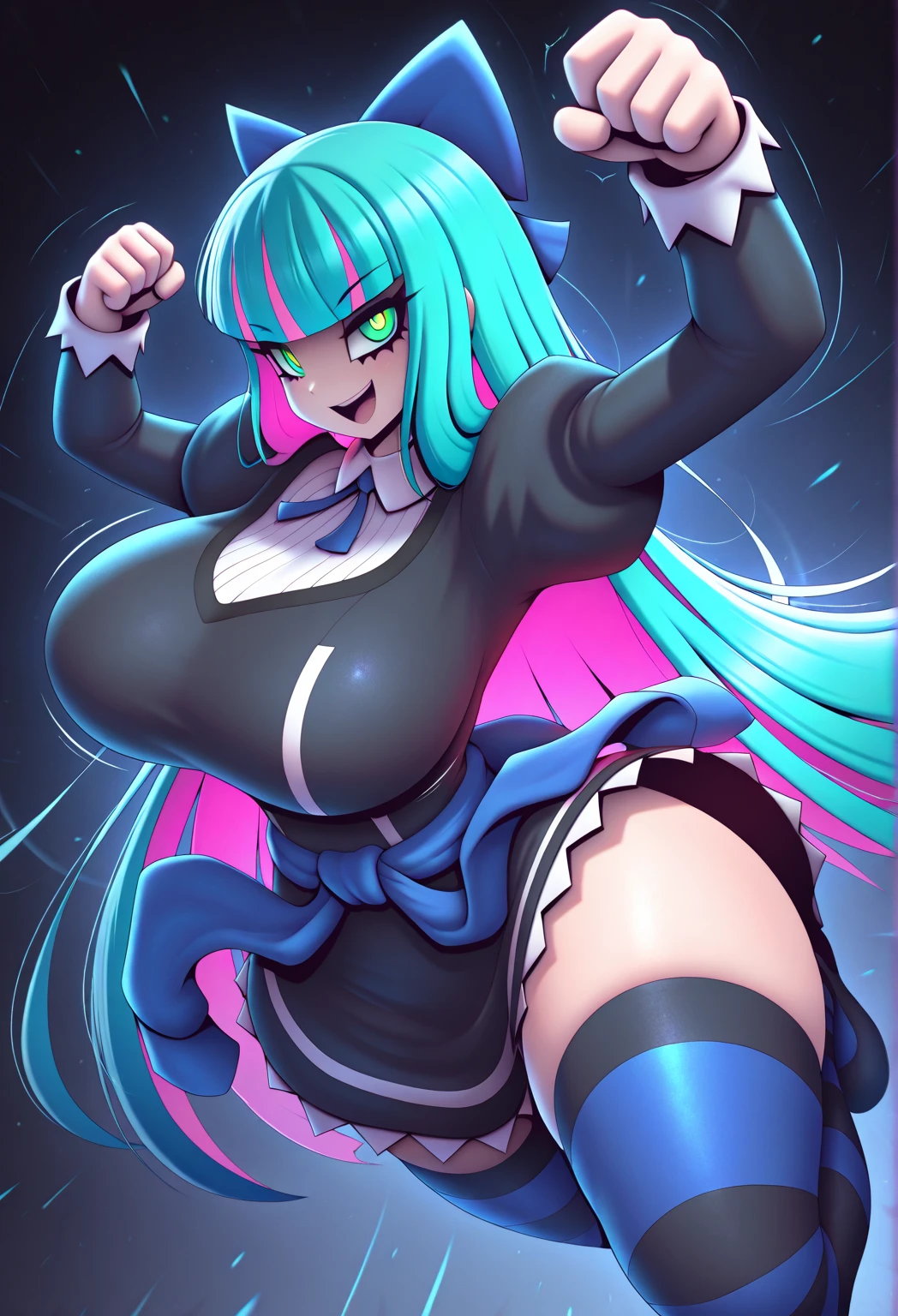 Cure happiness,  skirt,  Wrist cuff, shorts under skirt, boots, corruption, Hollow Eyes, Half closed eyes, Wicked Smile, There are no students, Crazy Smile, Open your mouth, girl２people,Blue and red accents， Dark Magical Girl,Black costume,Large Breasts（Huge breasts:1.8)