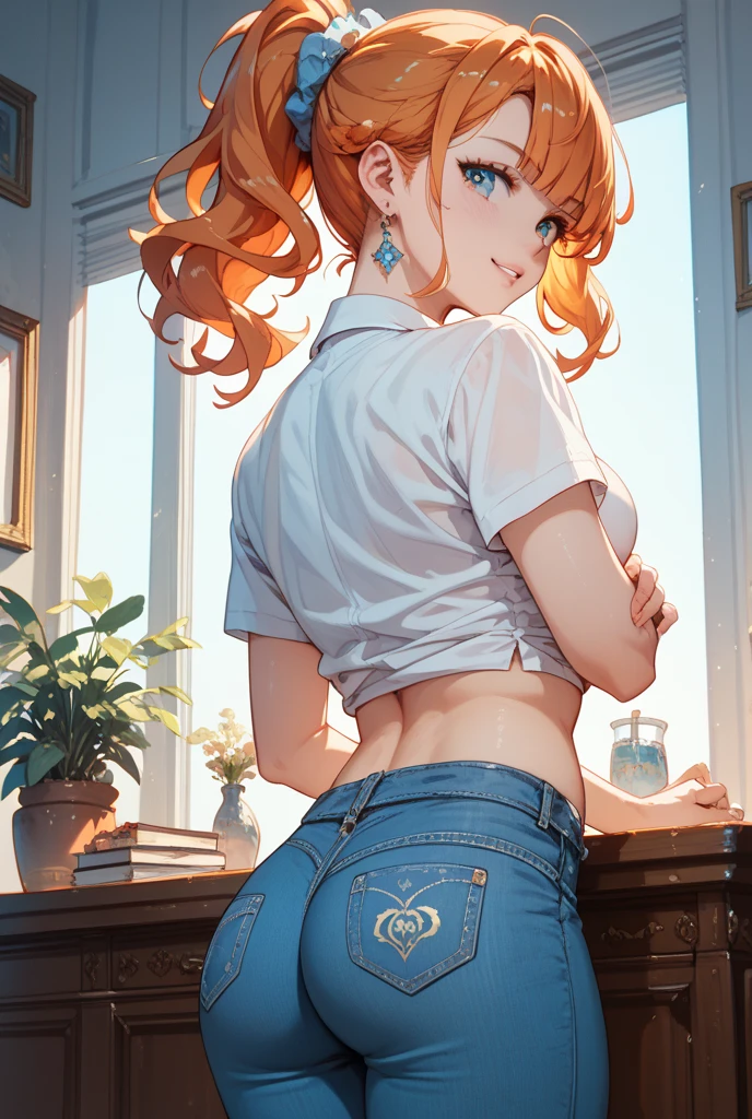 (Masterpiece, Best Quality, High Quality), looking back, from behind, kousaka honoka, orange hair, blue eyes, denim shorts, black crop top, circle glasses