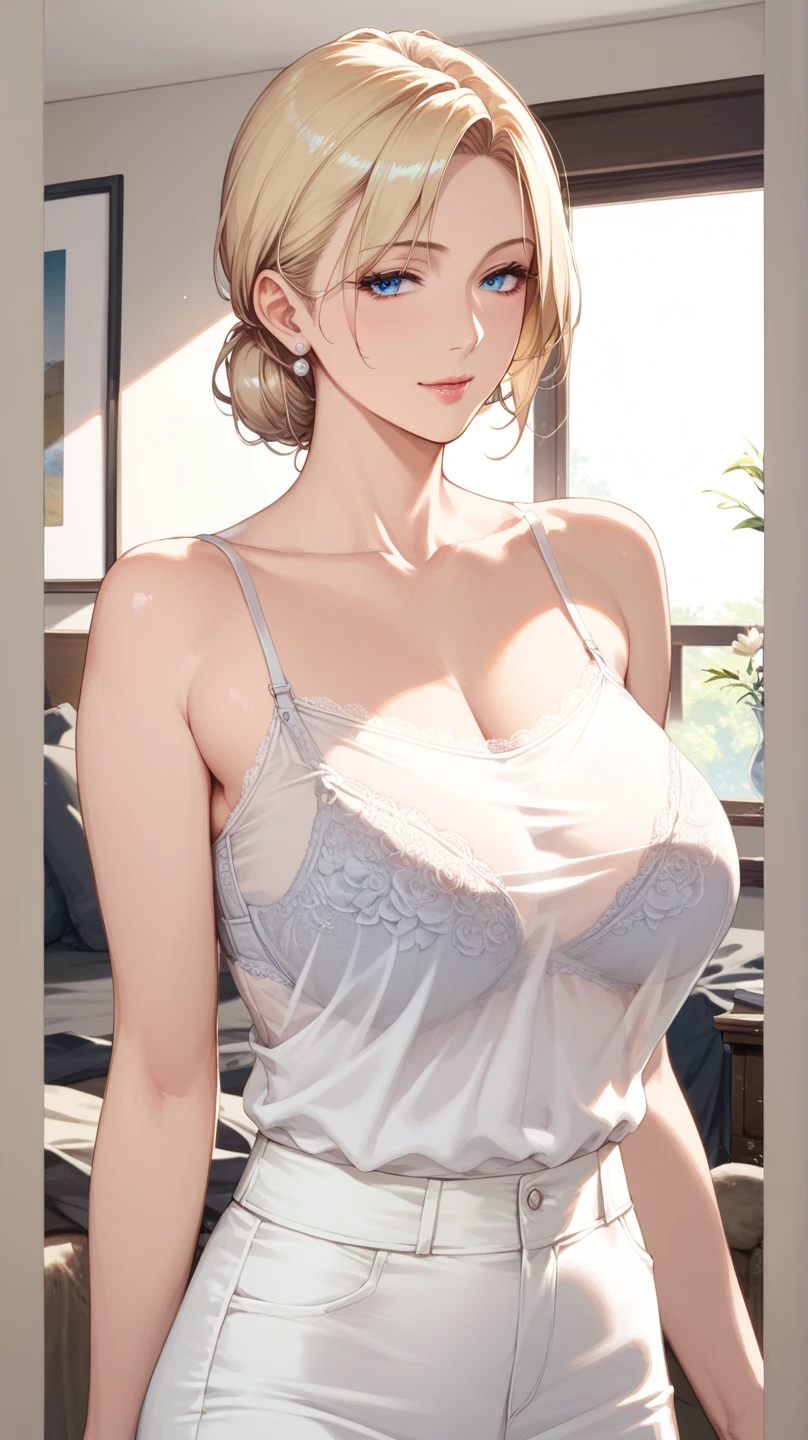 Elegant mature female, perfecteyes eyes, blue eyes, blonde hair, soft light, high detailed, 4k resolution, high quality, beautiful cg, 