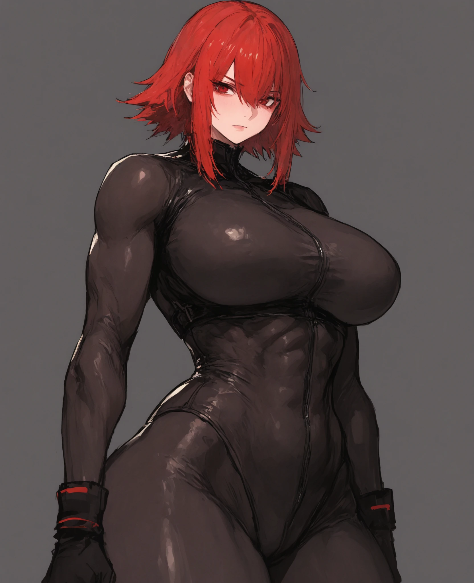 (Character design sheet, forehead, side, back, head, clothing), a girl, 18 years old, 1.60 meters, Short hair, ((disheveled red color and orange highlights)), amber eyes ((bright and sparkling)), Tanned complexion, light freckles, futuristic clothing, Technological, ((combines futuristic and punk elements)), black leather jacket, ((Led lights incorporated in the shoulders)), tight shirt, metallic details, tight pants, ((holographic panels)), defiant look, mischievous smile
