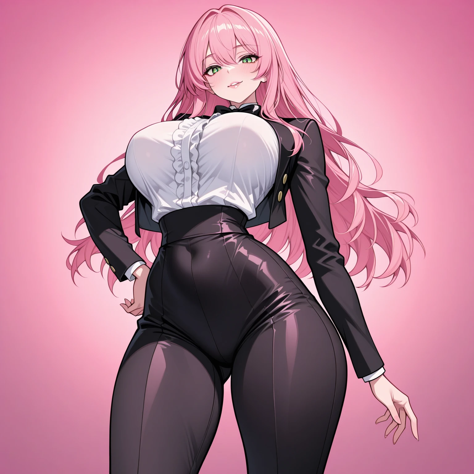 female, silver messy long hair, red eyes, tanned skin, (((1girl))), (((black blazer))), (pink shirt), (black dress pants), (black heels), (necklace with gold pendant), cute and sexy, full body, big breasts, long legs, smiling, cleavage