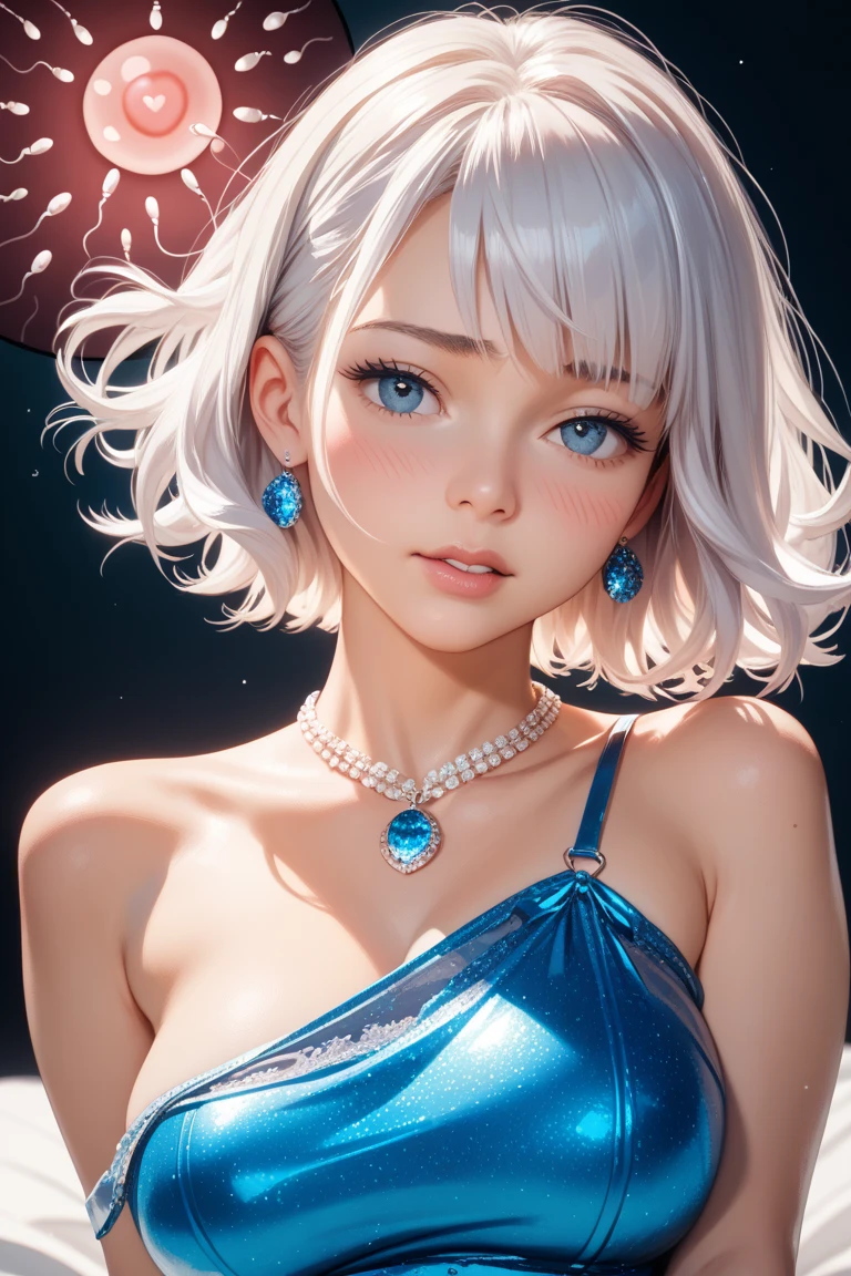 score_9,score_8_up,score_7_up,score_6_up,score_5_up,score_4_up, 1girl, (best quality), Tall cold Supermodel, very tall, mature beauty face, mid-twenties, pale skin, white hair, bob cut, white eyebrows, full pastel-pink lips, big breasts, tight ass, smooth long legs, ice-blue eyes, short loose cocktail dress