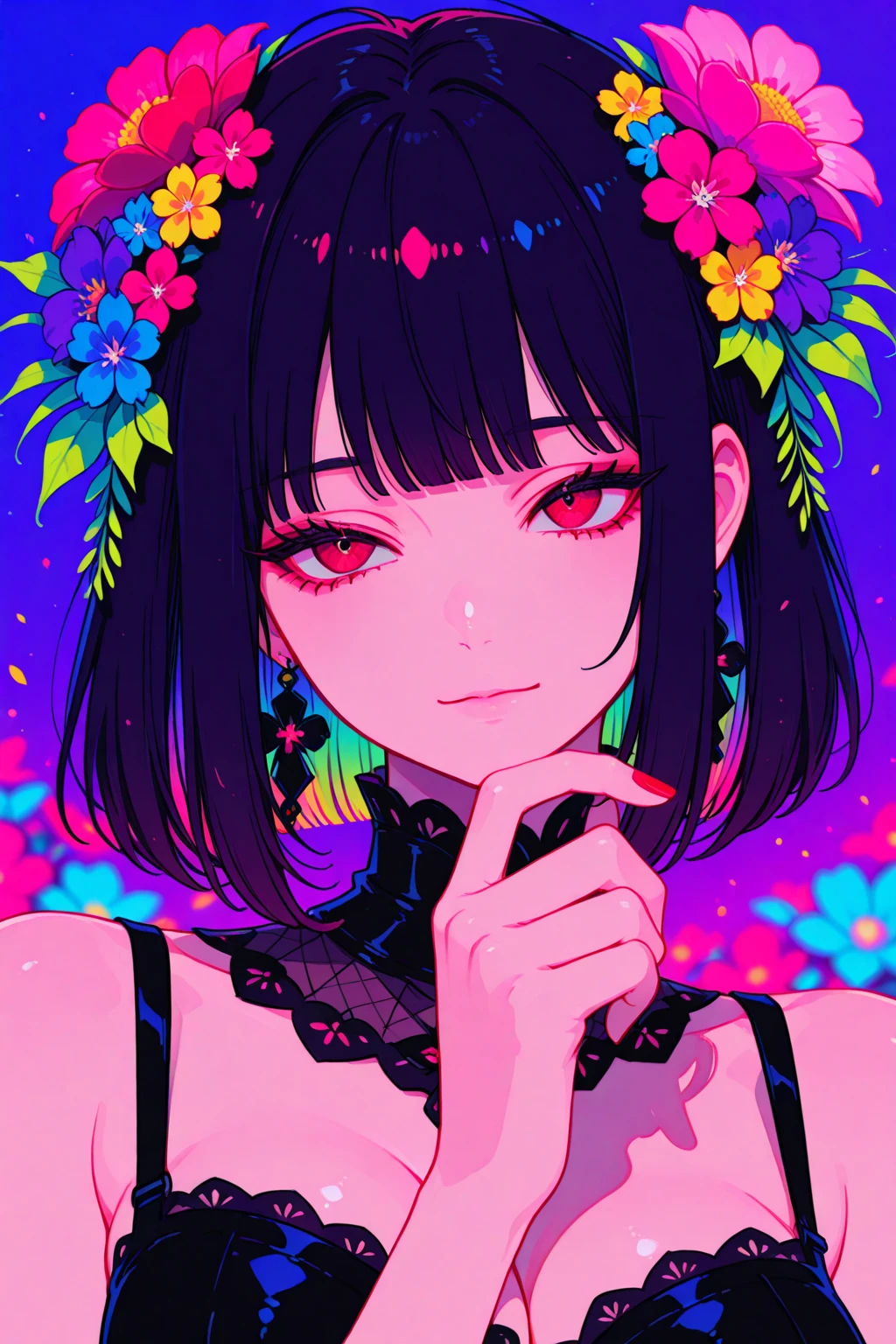 A stunning anime girl with an intricate floral tattoo on her neck, exuding elegance and beauty.,in the style of neon realism, dark pink and light black, gothic art nouveau, anime-inspired character designs, dark white and indigo, bold yet graceful, cyberpunk manga, detailed costumes
