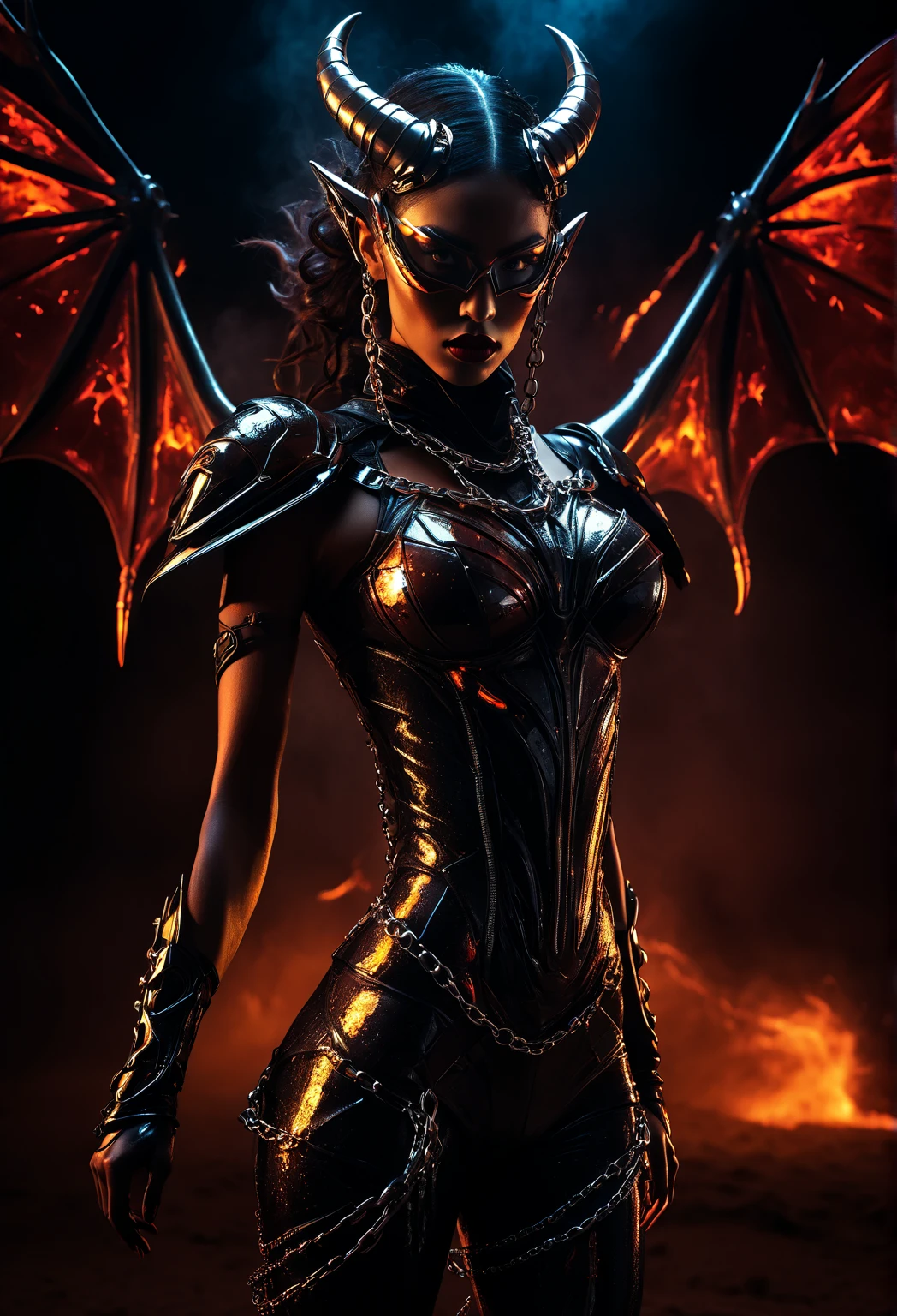 Detailed digital painting of full body female Baldur's Gate 3 Demon Mizora, Amita Suman, stunning pretty but mean facial traits, grey skin, leathery huge and black demonwings, fiery and ominous atmosphere, high quality, digital painting, menacing demonic features, glowing eyes, intense expression, swirling background flames, dark and foreboding color tones, intricate horns, fiery backdrop, dramatic lighting