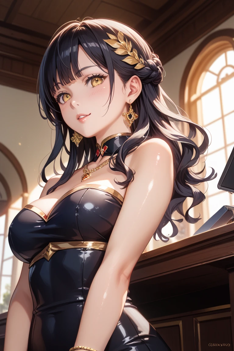 8K, (masterpiece, best quality:1.6), ((bokeh)), (short focus lens:1.4), anime style, Japanese. 1 lady, masterpiece, best quality, (Left to Right Balance), beautiful eyes, (Perfect Anatomy),
(shiny skin, detailed skin),
Glossy black hair,Well-groomed medium-length straight hair: 1.5, one-length hair,
(black blazer:1.2), (the lady opening blazer with both hands, arms spread wide, revealing inner lining of blazer, dynamic pose), front view,
((black lingerie with gold embroidery)), (simple gold earrings, simple gold bracelet),
Glamorous body, (standing), upscale restaurant manager, mature, (smile), standing,
face light, cinematic lighting, sharp focus,
(beautiful scenery), daytime, Luxury Restaurant Interior:1.3, very wid, panorama view, sense of depth, long shot, magnificent view,