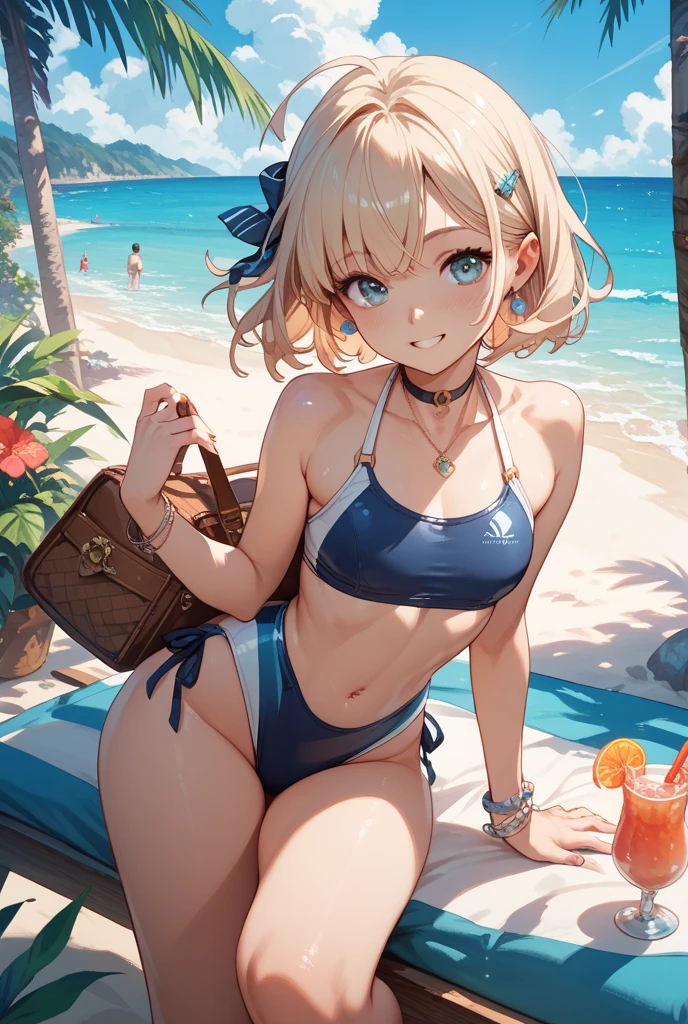(Masterpiece, best quality, high resolution, perfect anatomy), (extremely detailed face) (beautiful detailed eyes), (1 woman),(dark skin:1.2), (blond short hair,with a asymmetrical bob), tall stature, (toned, slender), huge breast, (blue eyes), (black triangle bikini, micro bikini, Low Rise Bikini), Armature, looking at viewer, (smile:1.2)(happy:1.2), perfect lighting, cinematic lighting, dynamic lighting, sunny, dejected posture, (from below), (gleaming skin:1.2), (seaside:1.2),(ocean:1.2), Cave, Palm tree, open mouth, hair behind ear, (skin fang), (spread legs:1.2), (sit astride), (girl on top), Fishnet