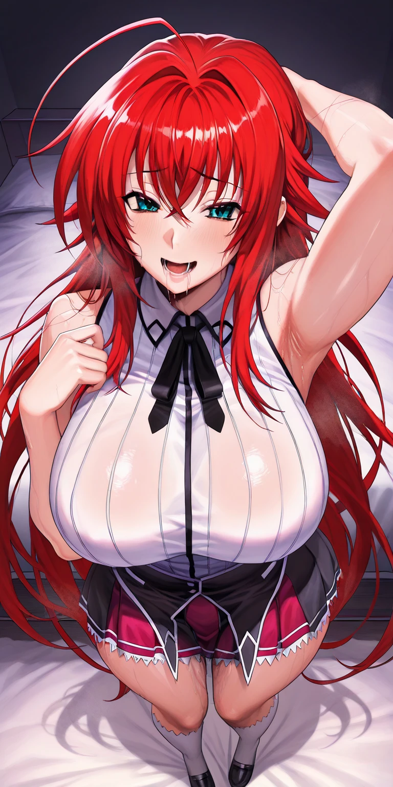 (anime art style:1.0), 2d, masterpiece, best quality, very aesthetic, absurdres, dynamic shadows, atmosferic, rias_gremory, (1girl), solo, red hair, antenna hair, long hair, blue eyes, detailed eyes, hair between eyes, bangs, big breasts, curvy body, makeup, black leotard, bunny ears, black ears, fake ears, white bow on neck, choker, eyes up, sexy smile, (cowboy shot), (looking at viewer), squatting, bedroom, on bed, indoors
