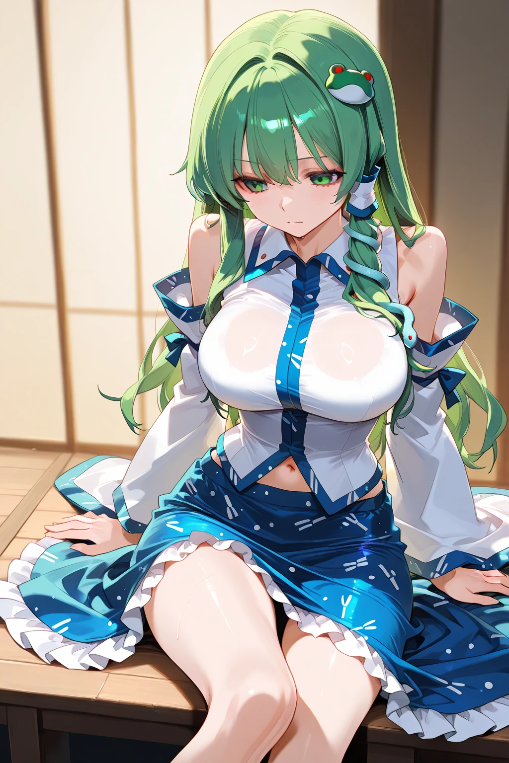 A Japanese high school girl named Sanae Kochiya, 180cm tall with long green hair, wearing a Japanese-style shrine maiden outfit with a white base and blue lines, boldly exposes her chest, revealing her breasts and nipples.、She is posing sexy with her plump thighs spread wide.