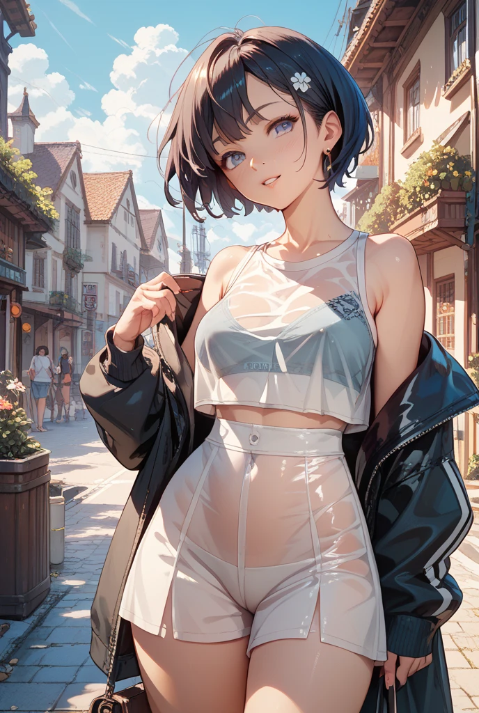 Maximum quality、Membros completos、dedos completos、uma linda mulher、Linda mulher peituda、Mulheres com cabelos lisoulher de cabelos castanhos、Top de malha laranja com gola alta e sem mangas、White shorts、black pantyhose、Um grande sorriso、Street trees、shibuya