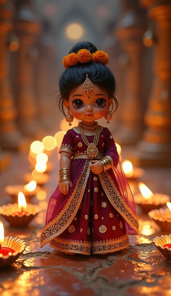 A realistic image of a cute little indian baby girl as a Princess, with open hair, wearing a royal lehenga, in very big and beautiful palace and in house there are all around gold , wearing a crown and a royal attire and she is very very beautiful and gorgeous and besides her is a large size '2' cutout , indicating that its her second birthday. Bright, bold and colorful image, Flower garlands can be seen hanging from the palace archs, seems like a celebration time in the palace