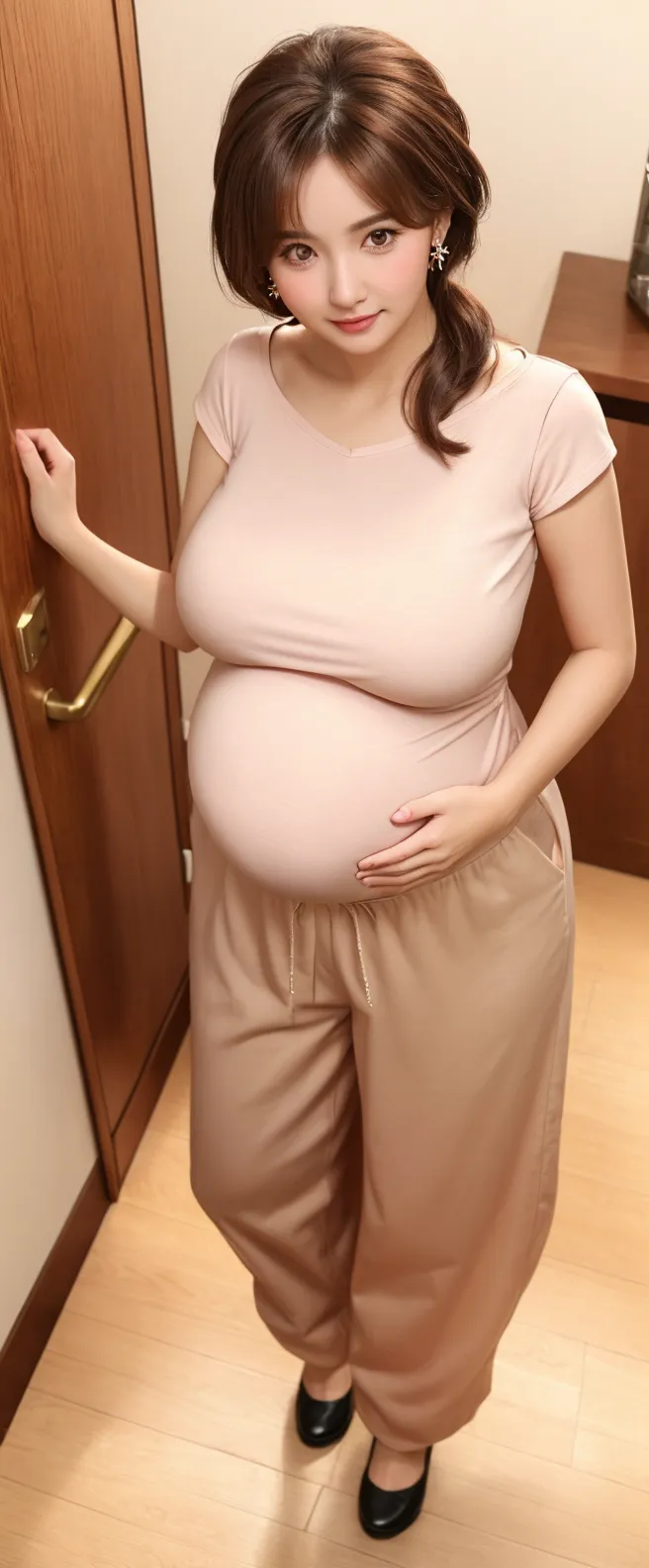 ((Best quality, 8k, Masterpiece :1.3)), Malay milf in hijab, attrative milf, ((short woman: 150 cm)), smile, potrait, wearing sweater, jogger pants, chubby body, BBW, weight gain, obesse, pregnant milf, huge pregnant belly, jiggly fat and round pregnant belly, third trimester, 45 weeks of pregnancy, outgrowing pregnant belly, overexposed her pregnant belly, (HYPERPREG), (GIGANTIC PREGNANT BELLY), (HEAVY WIDE BUTT), huge thigh, fat ass, huge breast