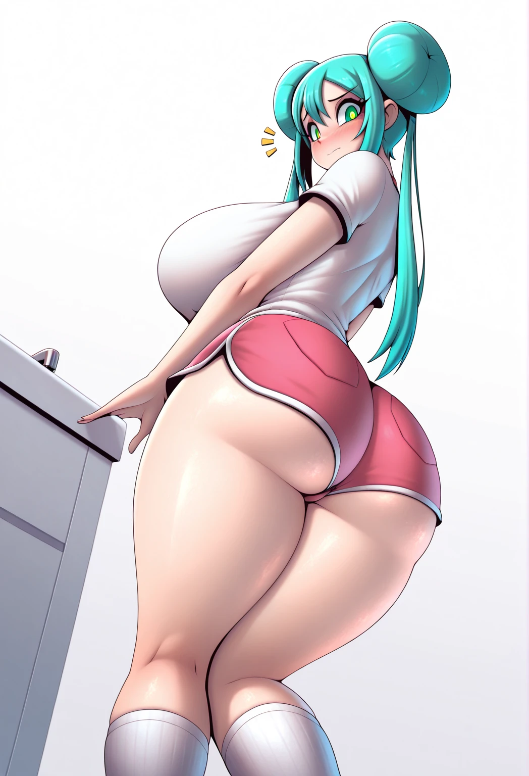 Masterpiece, beautiful art, 8k, art style by sciamano240, very detailed face, 1girl, beautiful face, long hair, light blue hair, working , tight pencil , very detailed blue cat eyes, sultry smile, office setting, full body rear view, full body (NSFW breasts), hdri, extremely naked, nude, nua, pelada, nsfw, gigantic breast 1.9