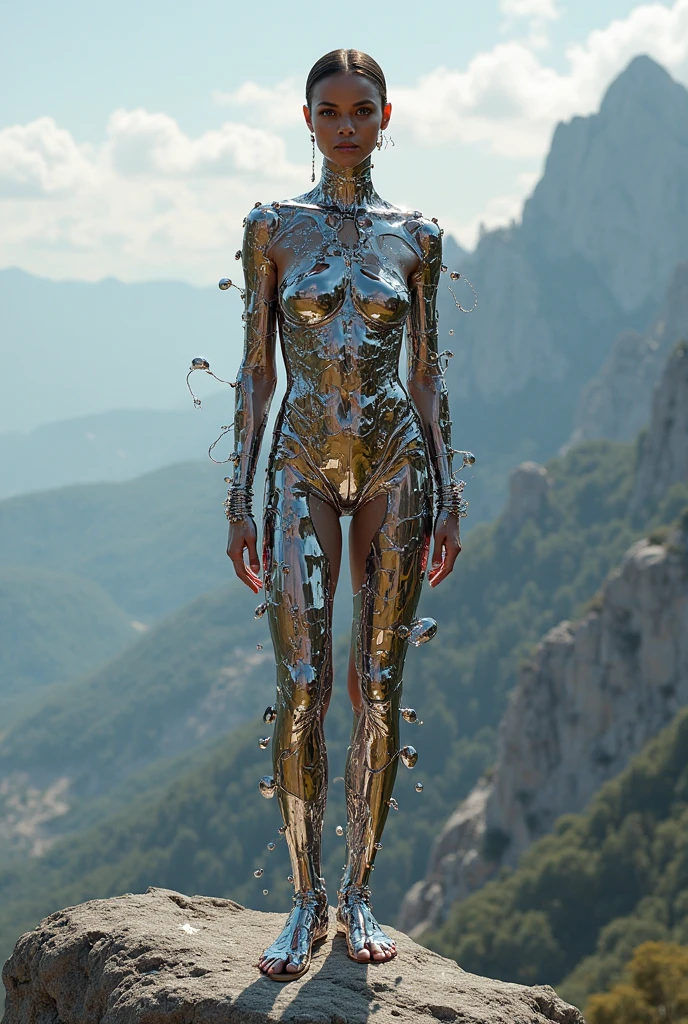 side angle view of a full body sculpture of a black woman made out of black and gold marble, sculpture on top of a mountain overlooking a large vegetational forest, sunlight shining beautifully creating a cinematic art piece
