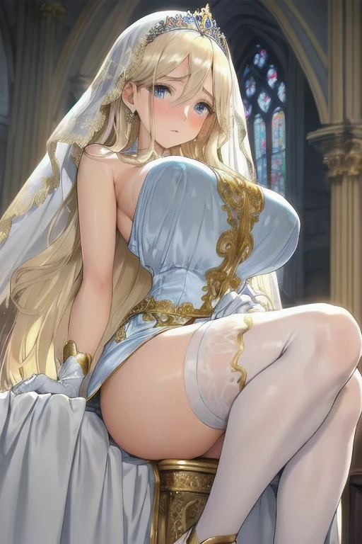 Blonde hair and blue eyes Long Hair Elf Large Breasts Wedding dress leotard mini skirt White Stockings White high heels erotic Beauty cute Hands tied behind your back Scared Dark Room Scared Crying face
