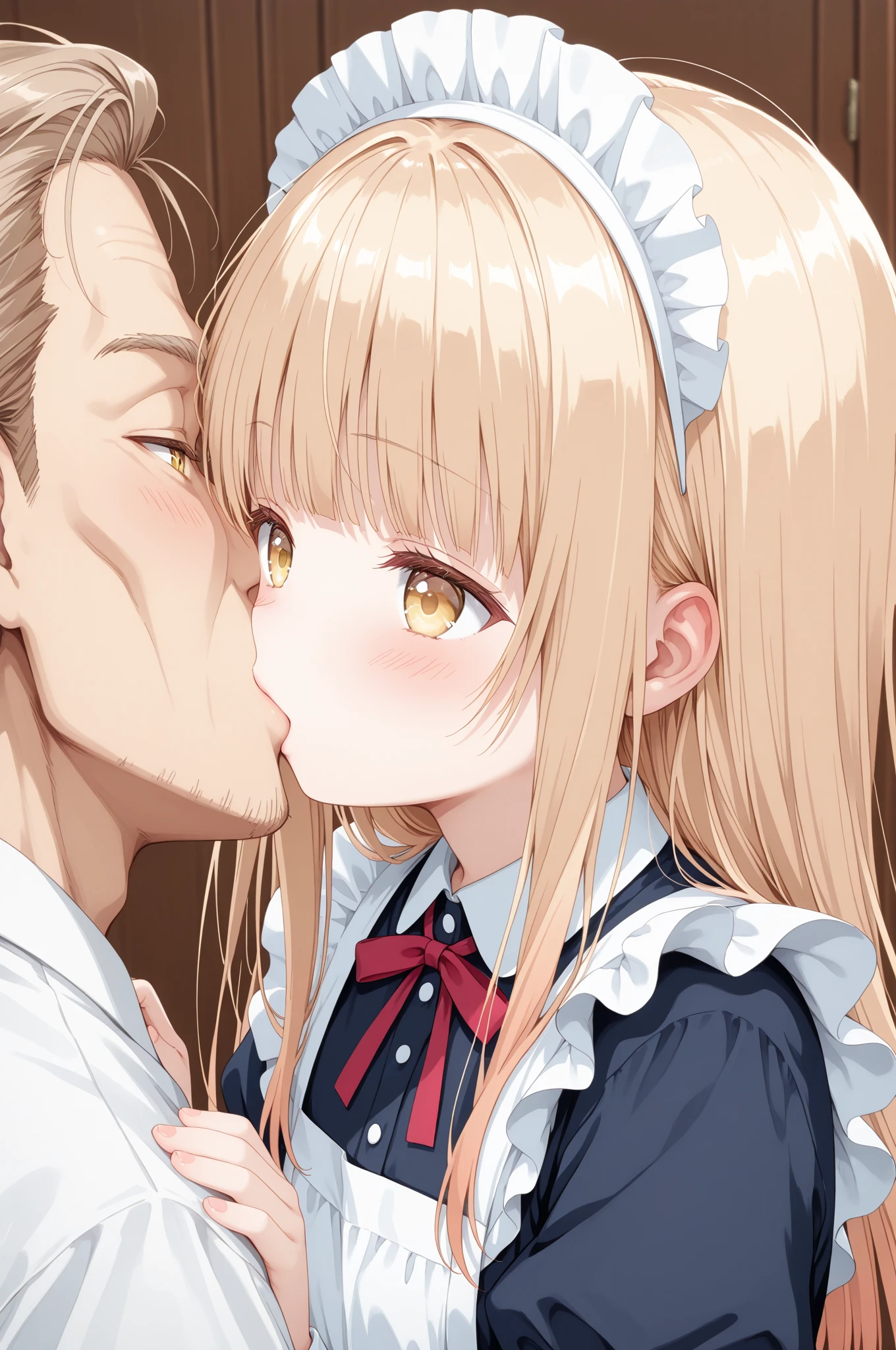 (masterpiece:1.5)、(highest quality:1.5)、(8K:1.2)、(Super detailed:1.2)、(photorealistic:1.2)、(ultra high resolution:1.2)、(Highly detailed and realistic skin:1.2)、(Very detailed and clean sharp eyes:1.2)、(at a family restaurant:1.2)、(Woman deep kissing a 40-year-old man:1.6)、break、(18 year old woman with slender figure:1.2)、(beautiful eyeliner)、(beautiful eyeshadow)、natural color lip、(white maid shirt)、break、(black long sleeve maid mini dress:1.4)、break、(Long braided blonde hair that covers one eye:1.4)、break、small beautiful breasts、(cleavage)、(facing the front:1.3)、(Focus on the face:1.2)、(Blushing:1.2)、(Close both eyes:1.5)、(ecstasy:1.4) ,(slut:1.2),(vulgarity:1.2),(fucked silly:1.2),(steam:1.2),(wet:1.0),(trembling:2.0),(tears:1.0) ,(drooling:1.4),(sweat:1.3),(spoken heart:1.2)、