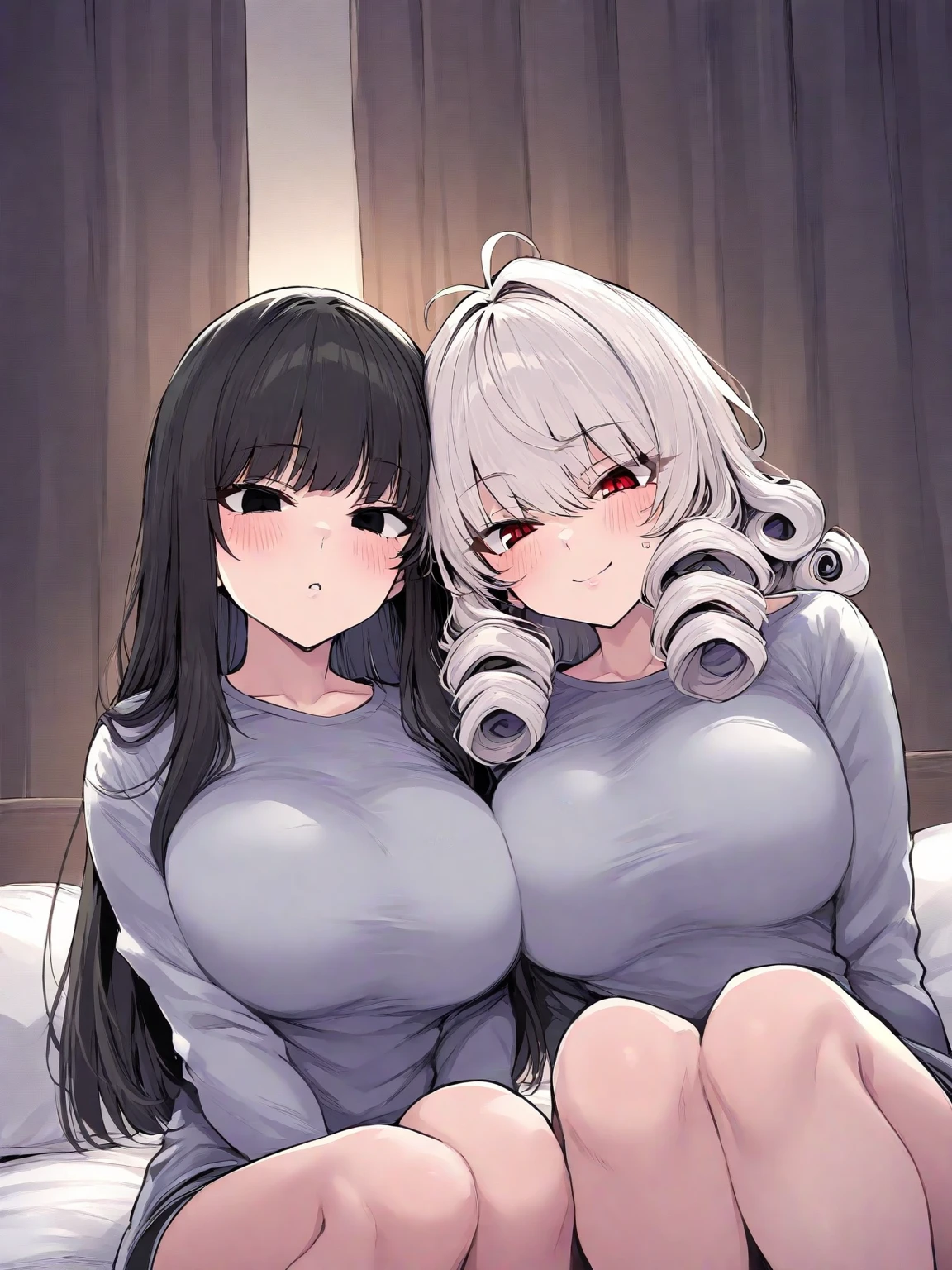 2 females. The first female has long gray hair, deep red eyes, wearing a tight casual tshirt, sweatpants, big tits, nipples visible through clothing, not muscular, slight smile. The second female has long white hair, deep red eyes, wearing a tight black sports bra, shorts, even larger tits, nipples visible through clothing, muscular, Both sitting on couch.