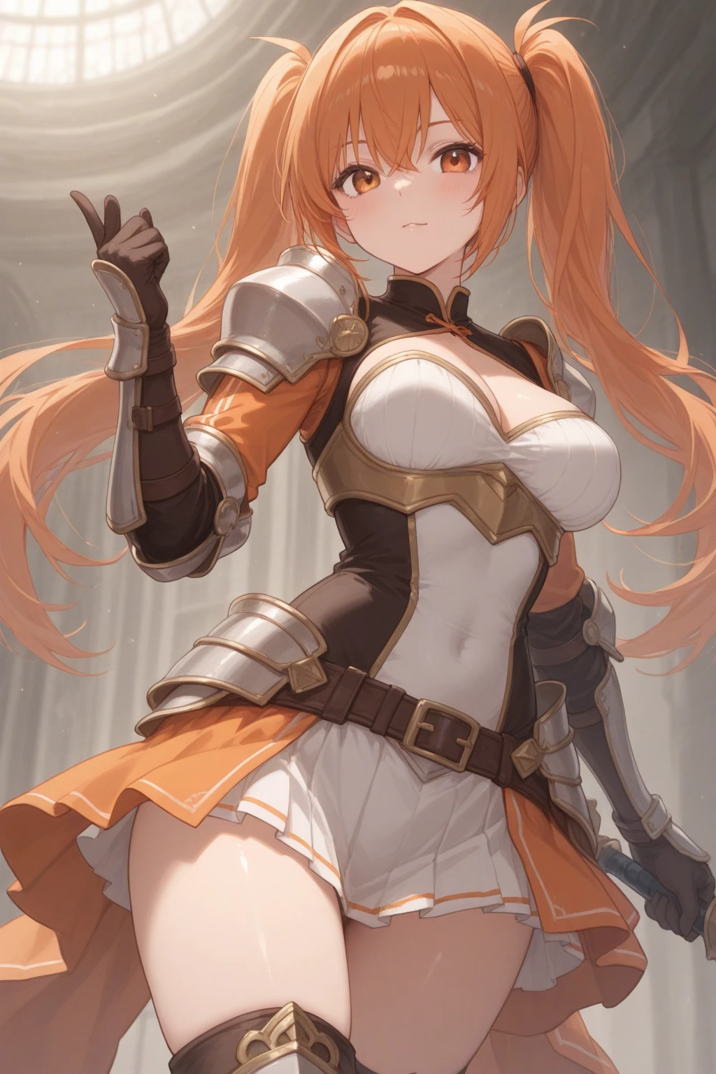 1girl,30s,tall,mature female,tiger tail,tiger ears,long hair,long twindrills hair,orange hair,solo,templar silver knight outfit,knight,golden long chainmail skirt,happy face,smile,open mouth,cleavage,(standing in a road),medium breasts,large thighs,one eye closed,hd,masterpiece,8k,cowboy shot
