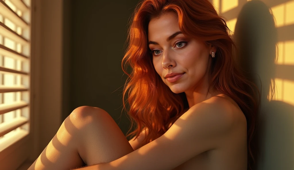 Masterpiece , 8k, RAW photo, portrait, best quality, ultra high res, photorealistic, 1girl, top body, thigh,red hair, earrings, necklace, eyelashes, cross legs, cinematic lighting, night, depth of field,happy face, grin, smile, lens flare, straight hair, white skin,topless,