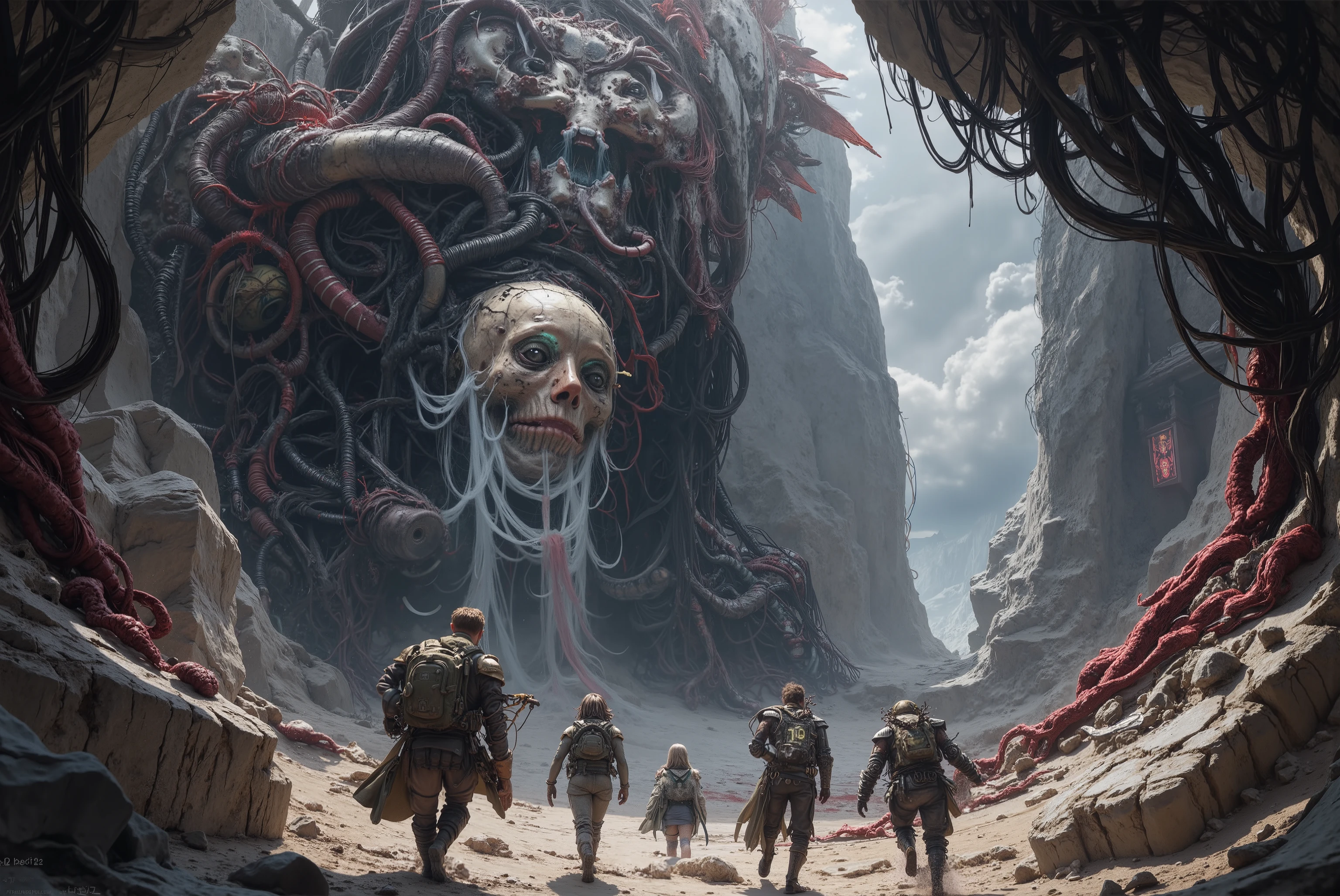 Medieval fantasy 5adventurers trudging through a Highly detailed fantasy dystopia, vast megastructures towering over a arid shelled out crystal desert, intricate biomechanical designs fusing flesh and machine, stark contrast, jagged lines of blood and lightning, oppressive atmosphere of scale and decay, sprawling fantasy ruins riddled with wires bone plastic quartz, sparse negative space, gritty textures, surreal and alien geometry, inspired by dark fantasy aesthetics in a vast tunnel of bloody crystals.