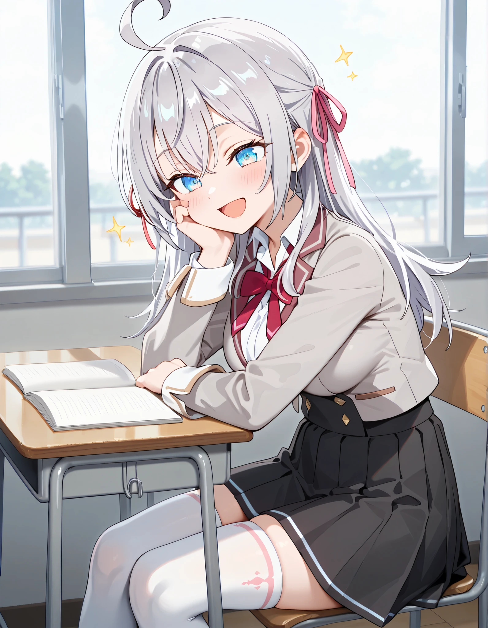masterpiece, best quality, highly detailed, ultra high res, 1girl, alisa mikhailovna kujou, long hair, bangs, blue eyes, hair ribbon, ahoge, grey hair, red ribbon, large breasts, skirt, shirt, long sleeves, bow, school uniform, jacket, white shirt, pleated skirt, collared shirt, bowtie, black skirt, red bow, red bowtie, blazer, grey blazer, long sleeves, white thighhighs, hair ribbon, pink ribbon, smile, happy, opened mouth, hand on cheeks, Sitting, Sitting on chair, school table, indoor, classroom