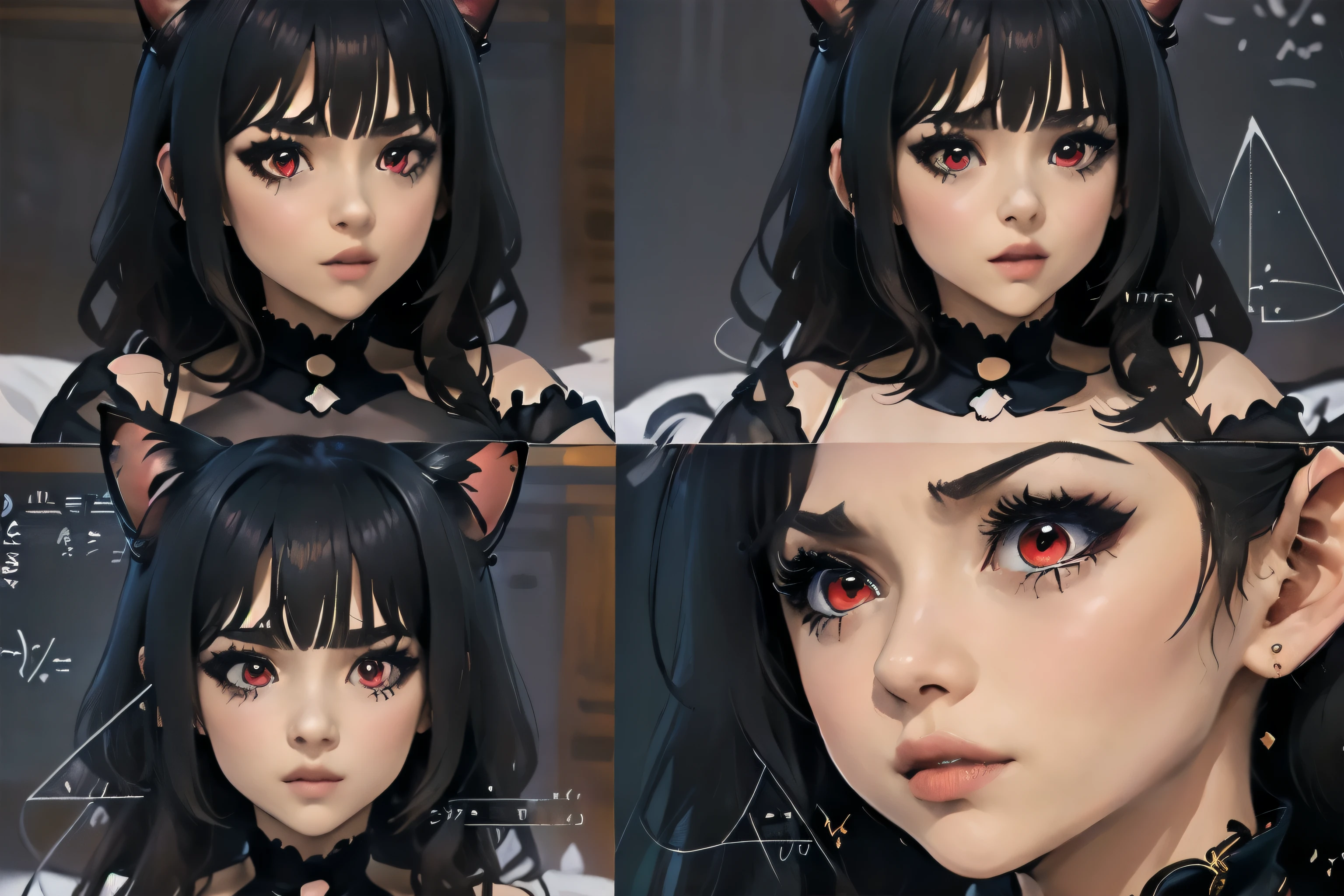 Highly detailed, High Quality, Masterpiece, beautiful, 1girl junkotvv, black hair, red eyes, cat ears, MathLadyMeme, Black_outfit,