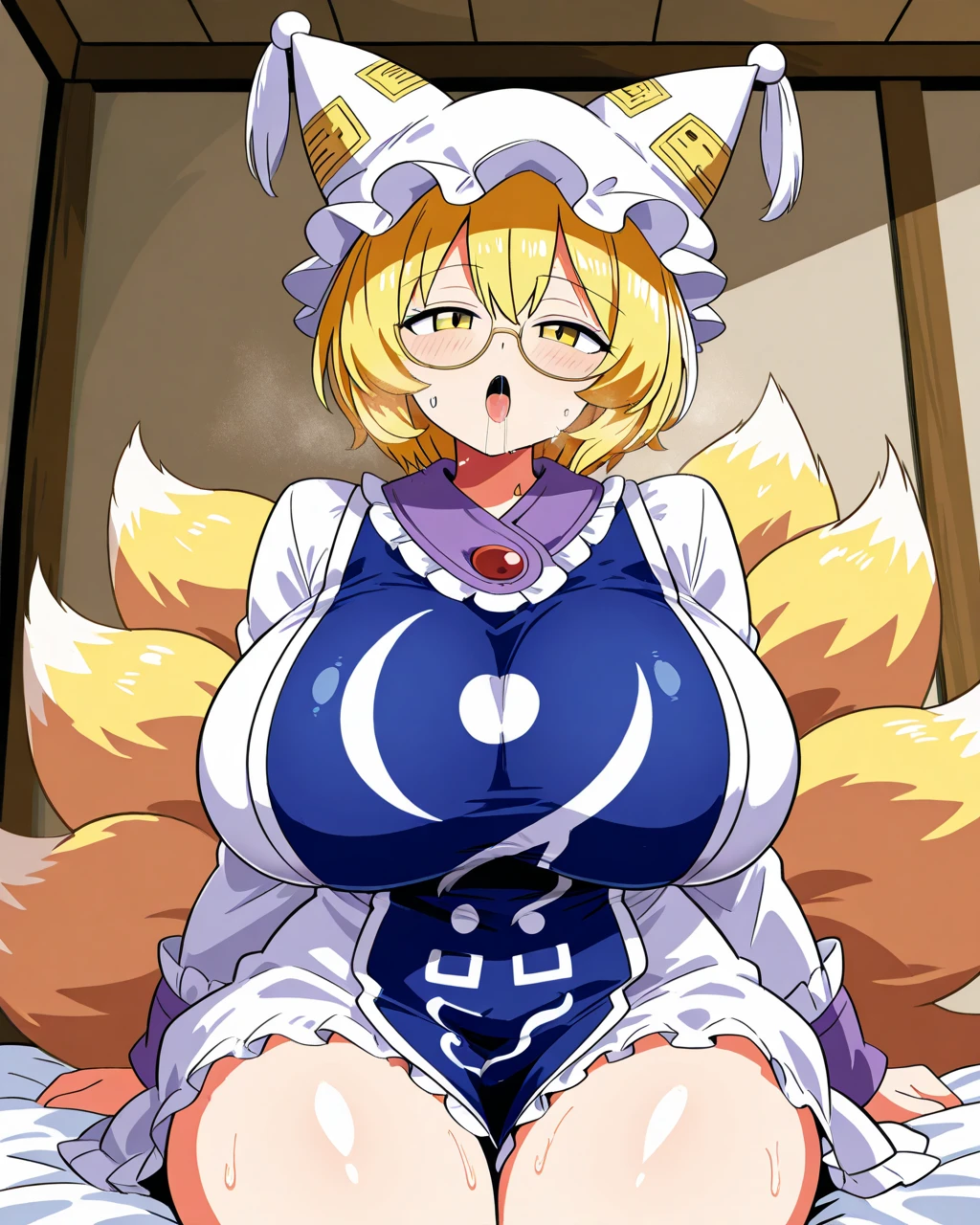 giant vibrant blue fitball, big fitball, cowgirl sit on fitball, big massive breasts, hyperbreasts, straddling on top fitball, arms in front, index fingers poking into fitball, finger point, leaning forward, entire body facing camera, clevage, breast overflowing, pov from below, wide hips, happy, blushing, crotch facing camera, bedroom eyes, strong defined thighs, tiger girl, girl has thin waist, nipple bulge, cleavage, tiger tail, cleavage, siberian tiger kemono friends, brown sweatervest