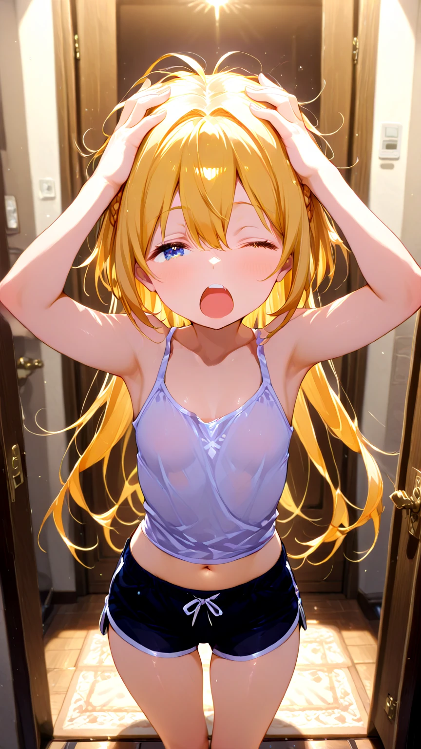 Highest quality, Super detailed, masterpiece, Ultra-high resolution, 8K, Embarrassing, blush, Lovely, Close one eye, With tears in her eyes and her mouth open, drooling, (arms behind head), wariza, (off-shoulder white shirt, micro mini skirt), cleavage out, crop top navel, 1girl, kousaka kirino, ore no imouto ga konna ni kawaii wake ga nai, medium breasts, Absolute area, Waistline, (Shower room, I take a shower)