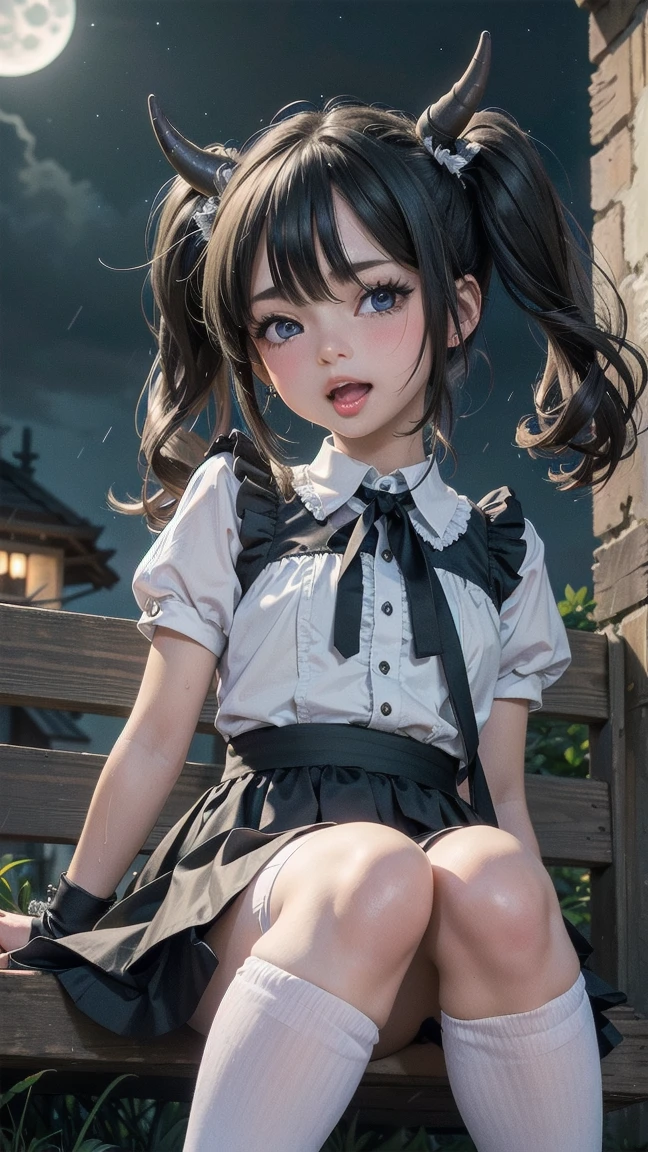 RAW Photos, highest quality, High resolution, Realistic, Young Japanese Girl, 17 years old, Full body portrait, Expressionless, poker face, Stone Face, model, Large Breasts, short hair, Wavy Hair, Curly Hair, Grey Hair, Silver Hair, Light brown hair, Empty Eyes, Hollow Eyes, ((Thin thighs)), Diagonal bangs, Cute face, Glowing Skin, Beautiful body, Beautiful Skin, concentrated , Naked from below, (school uniform, Lead Bow Tie, Black pinafore dress, Highly detailed corset, Gothic, Frill dress, Beautiful embroidery, (Long skirt:1.2):1.4), (Skirt Lift:1.5) indicate, underwear, simple underwear, (Sit on the ground、Indian Style:1.5)、(Spread legs:1.5)、((Showing off her white panties))、Bra lift、Exposing breasts、Show off your white bra、Troubled face、Climax、excited、close your eyes、Open your mouth, (Malicious look:1.5)