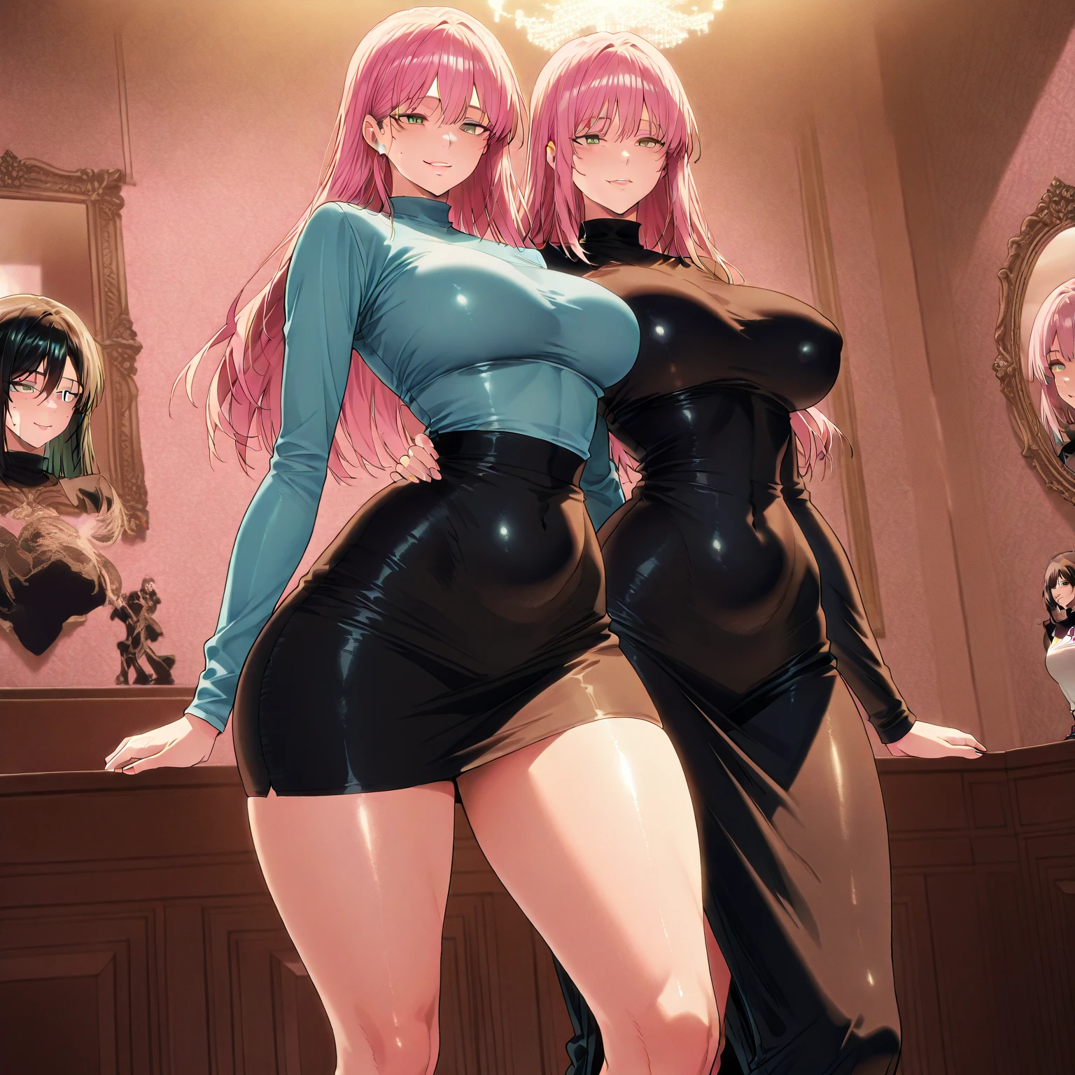 ((1 girls), solo, clevage, Big round breasts, trendy, stylish, clevage, thighs, hips, realistic, pink hair, blonde hair, light green eyes, lip gloss, detailed face, amazing big eyes, eye details, big lips, eyebrow details, pink mini skirt, crop top blush, confident, dominant, bdsm, smirk, naughty, mischevious face, HD, good quality, curvy, standing up, thick thighs, attractive, amazing body, perfect body, slim thick, indoors, black outfit, bathroom sink 