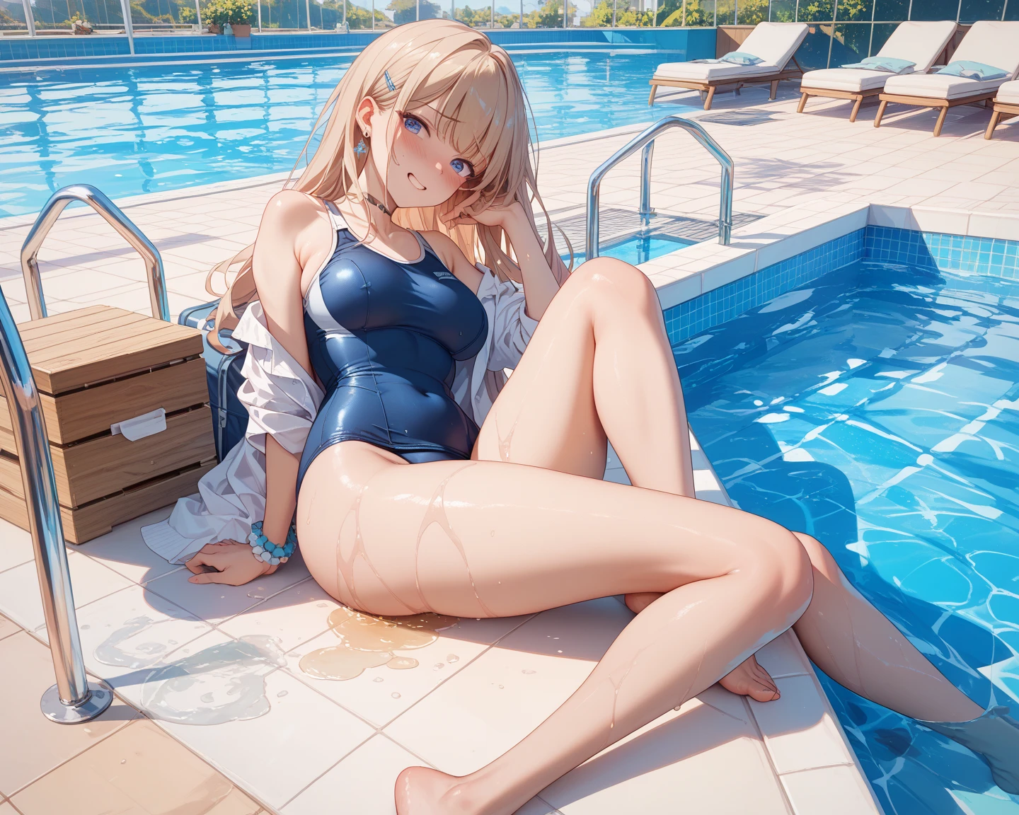 best quality,masterpiece,Ultra-high resolution,(photoactual:1.4),Swimming Pond,Fairy Tail Characters（Elsa）,wearing sunglasses,Wear a bikini,On a recliner，enjoy the sun