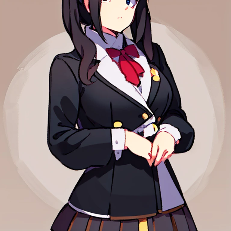 chigusa nana, 1 girl, (solo), ((chigusa nana)), best quality, highres, high quality, 8k, HD, super detail, anatomically correct, UHD, accurate, (masterpiece:1.2), (high quality:1.0), (ultra detailed), (No background), (White Background), (Blushing), (Adult), (??????), (no underwear), skirtlift, mole under eye, long hair, black hair, parted bangs, hair bow, brown eyes, white bow, , green blazer, red bowtie, skirt, monochrome, manga