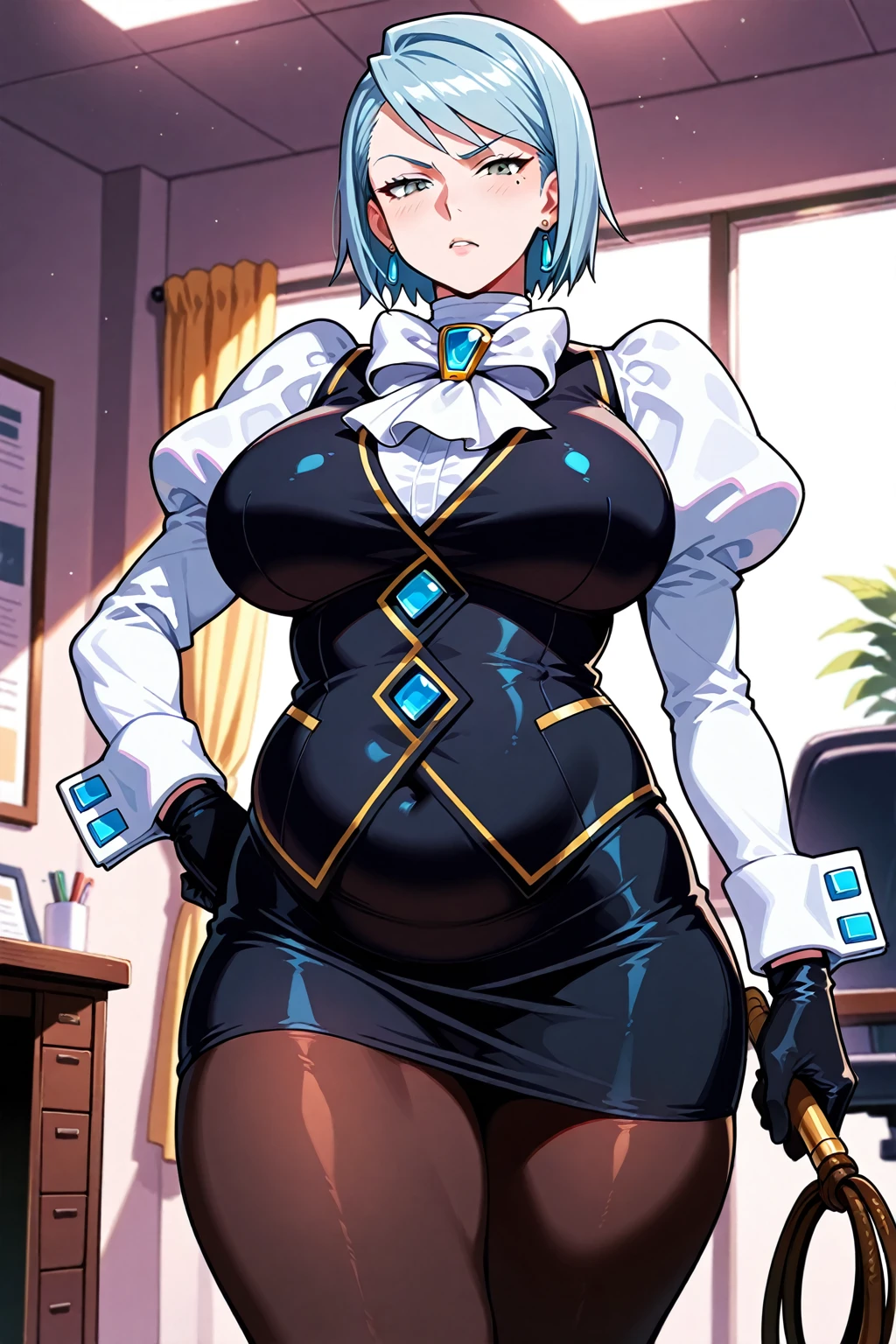 Beautiful woman is shown to have a athletic figure, she is wearing a beautiful nsfw dress, (aafranziska, light blue hair:1.5), ascot, puffy sleeves, pencil skirt, pantyhose, black gloves, jewelry, earrings, (black bunny ears:1.4), black lips, disappointed, girl standing in a gala ballroom, sexy session, (arms behind back:1.4), exposed cleavage, (pregnant:!.4), cowboy shot, superior quality, many details, realistic