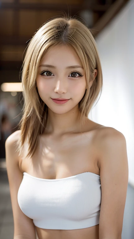 One girl, one girl, one person, japanese girl, mischievous smile, devilish smile, grinning smile, Japanese girl, 20 year old girl, beautiful, pretty face, cute face, mischievous expression, tank top, tank top, blonde hair