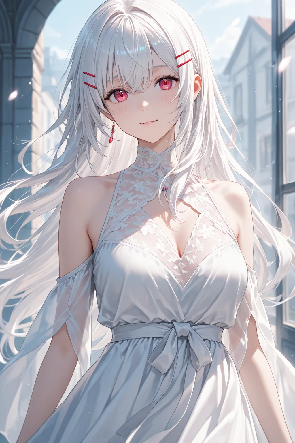 Close-up of a girl with white hair and pink shirt, her hair is white, Anime Girls Cosplay, real life anime girls, perfect white haired girl, inspired by anime, anime cosplay, long white hair, anime atmosphere, white hair girl, Belle Defin, Long white hair and bangs, Ruan cute vtuber ,Super big breasts,exposed