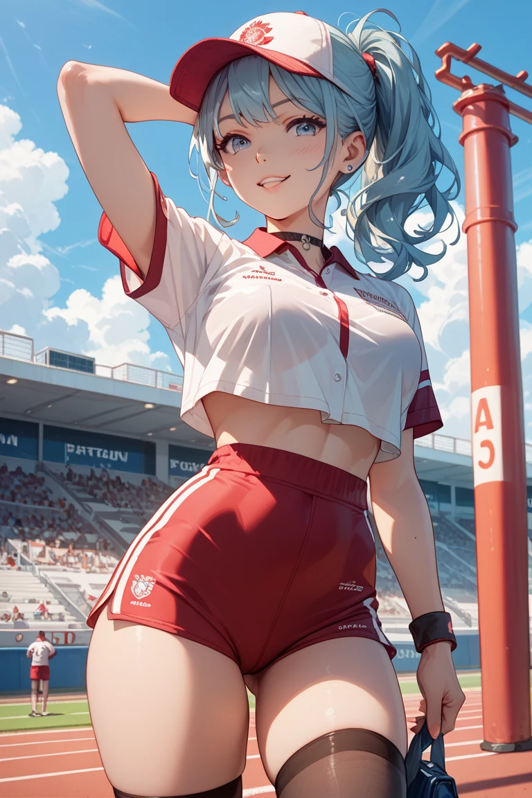 ((Girl standing next to a large white sign)), ((upper body)), 1 Girl、Beautiful silver hair、((((Very short hair))))、Blue eyes、(hair band)、((Blunt bangs)), small breasts、22 years old, (tsurime), Tight waist、happy smile、(one eye closed), Natural lighting、Very cute face, Cute pose、Promotion Girl, Lace-up boots, Short sleeve, Cropped tops, Knee-length, Exposing shoulders, Knee-lengthグリッターナイロンプリーツスカート, Asymmetrical medium size nylon pleated skirt, Promotional wear with logo, Red and white glitter promotional wear、Vibrant gradient background、Shallow depth of field