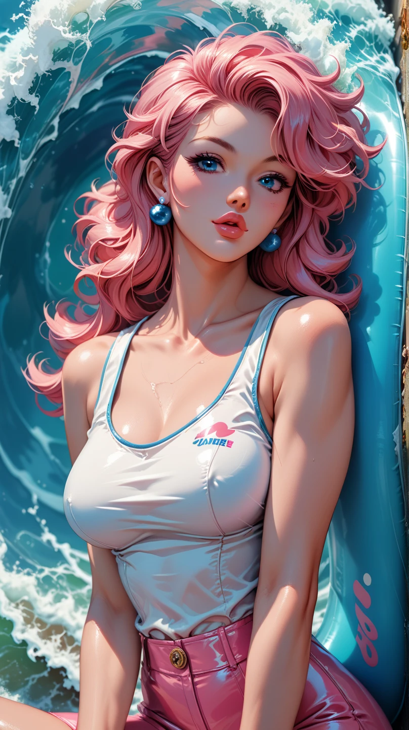 best quality, masterpiece, ultra detailed, ultra high res, realistic, bright colour, female, extremely large breast, very long pink mohawk hair, tiny pink see through bikini, front view, under water,