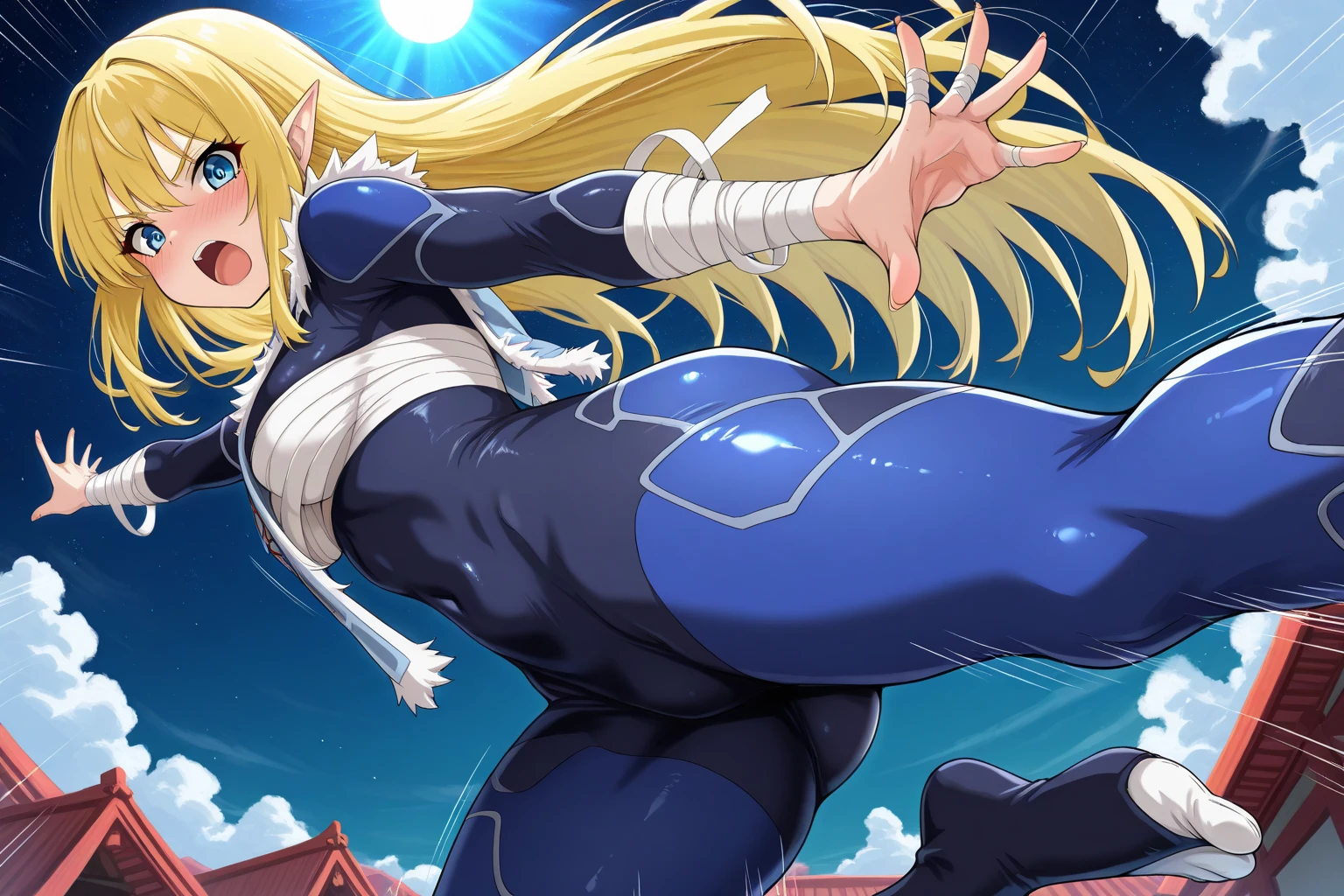 anime waifu bodybuilder, beautiful face, smiling face, perfect body, fit body, looking at the viewer, posing with strong arms, abdomen, large breasts, muscular, ((hair) long and blonde), ((clothing) white color tight swimsuit, torn), (torn cape at the tip covering the body of black color, and hood covering the head of black color), character A2,  (white and torn bandages on the arms and legs), image taken from below, focus on the legs, high quality