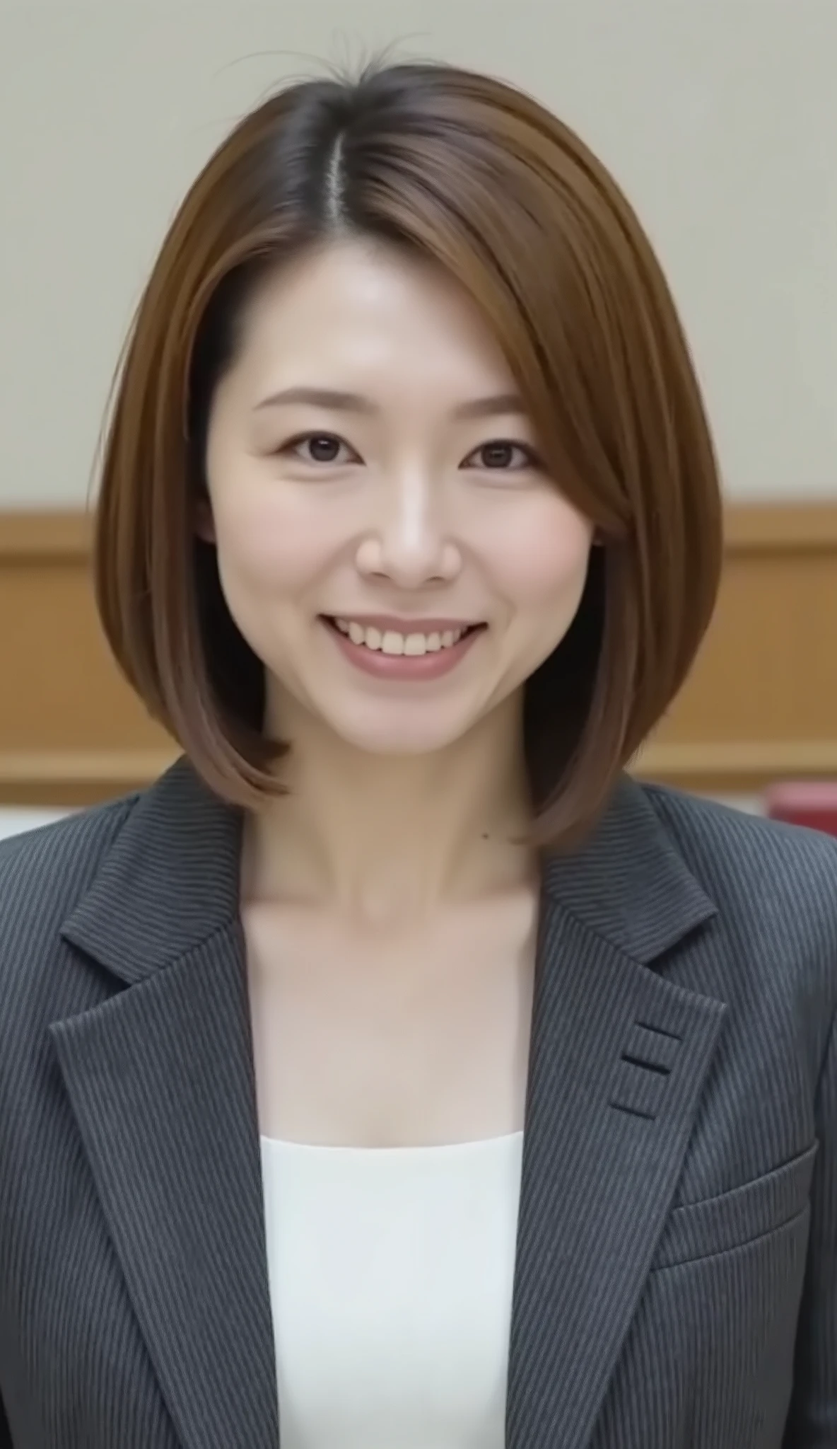 nsfw、From front、Japanese in a グレーcollarless suit、カメラ目線、25-year-old female minister、A-line bob(angled bob・inverted bob)耳にピアス、ネックレス、、、during regular press conference、(bust up shot:1.5)、、歯を見せた笑顔