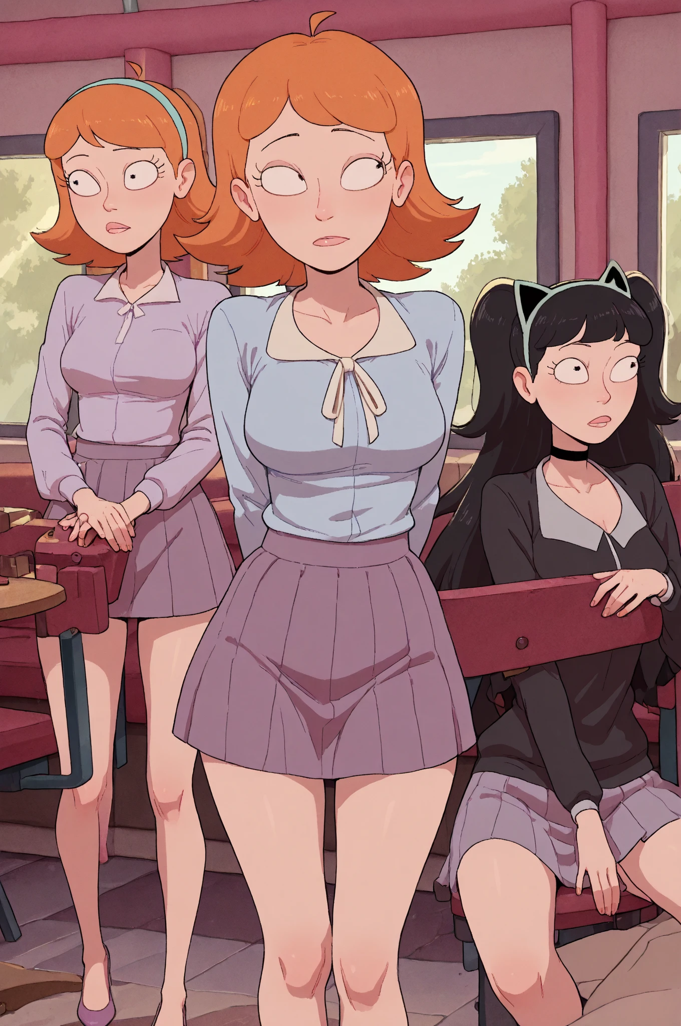 daria, green jacket, brown shirt, glasses, outdoors, full body, black skirt, black boots, one hand lifting shirt off, showing one breast nsfw, , from below, standing, upper body, navel, outdoors, neighborhood, morning, cartoon, pressing breasts together, angry expression, different frames