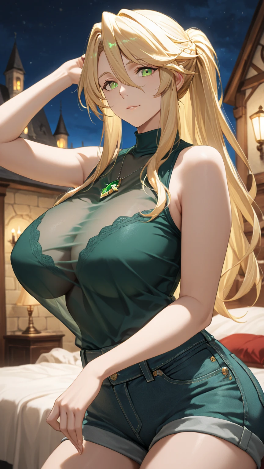 A beautiful girl with blonde hair and green eyes, super big breasts, long, sexy hair