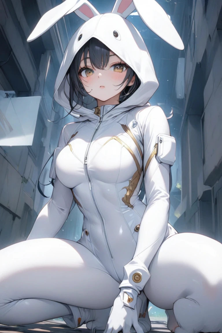 Woman, Black hair, short curly hair, golden eyes, curvy figure, caramel brown skin, cat ears, m white jumpsuit hooded, anime character, high quality, 4k, 8k, realistic