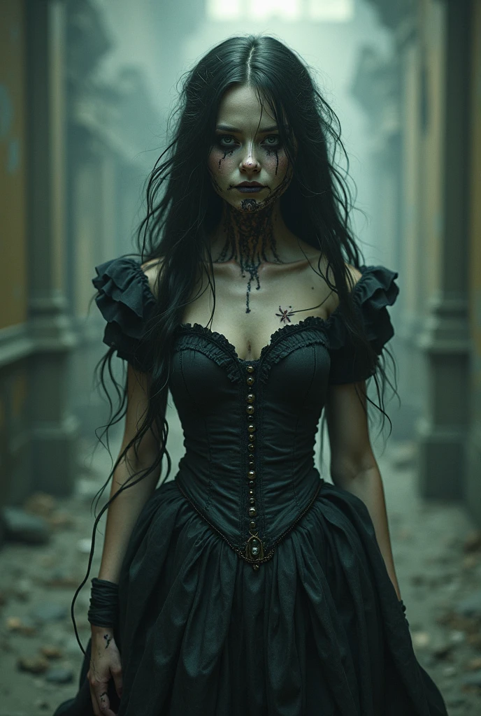 Full body shown. A zombie woman in a maid outfit, extremely detailed eyes and face, beautiful detailed lips, longeyelashes, detailed zombie skin texture, maid outfit with lace and ribbons, Halloween night, decorations, horror, dark and moody atmosphere, dramatic lighting, pale skin, sunken eyes, sharp teeth, dripping blood, brain, (best quality,4k,8k,highres,masterpiece:1.2),ultra-detailed,(realistic,photorealistic,photo-realistic:1.37),dark colors,deep shadows,cinematic,dramatic. Full body shon, show her from head to toe